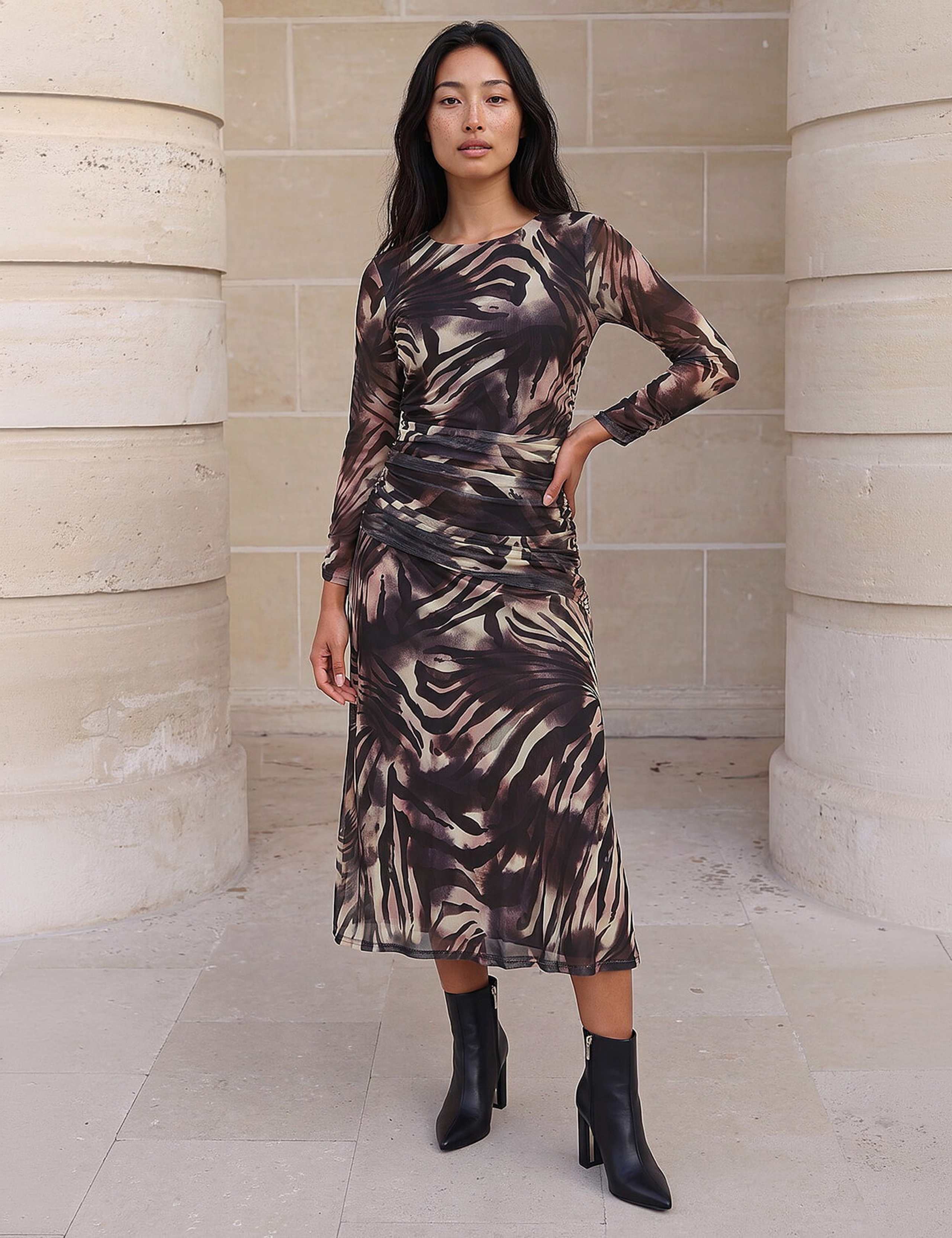 Mesh Animal Print Ruched Midi Dress