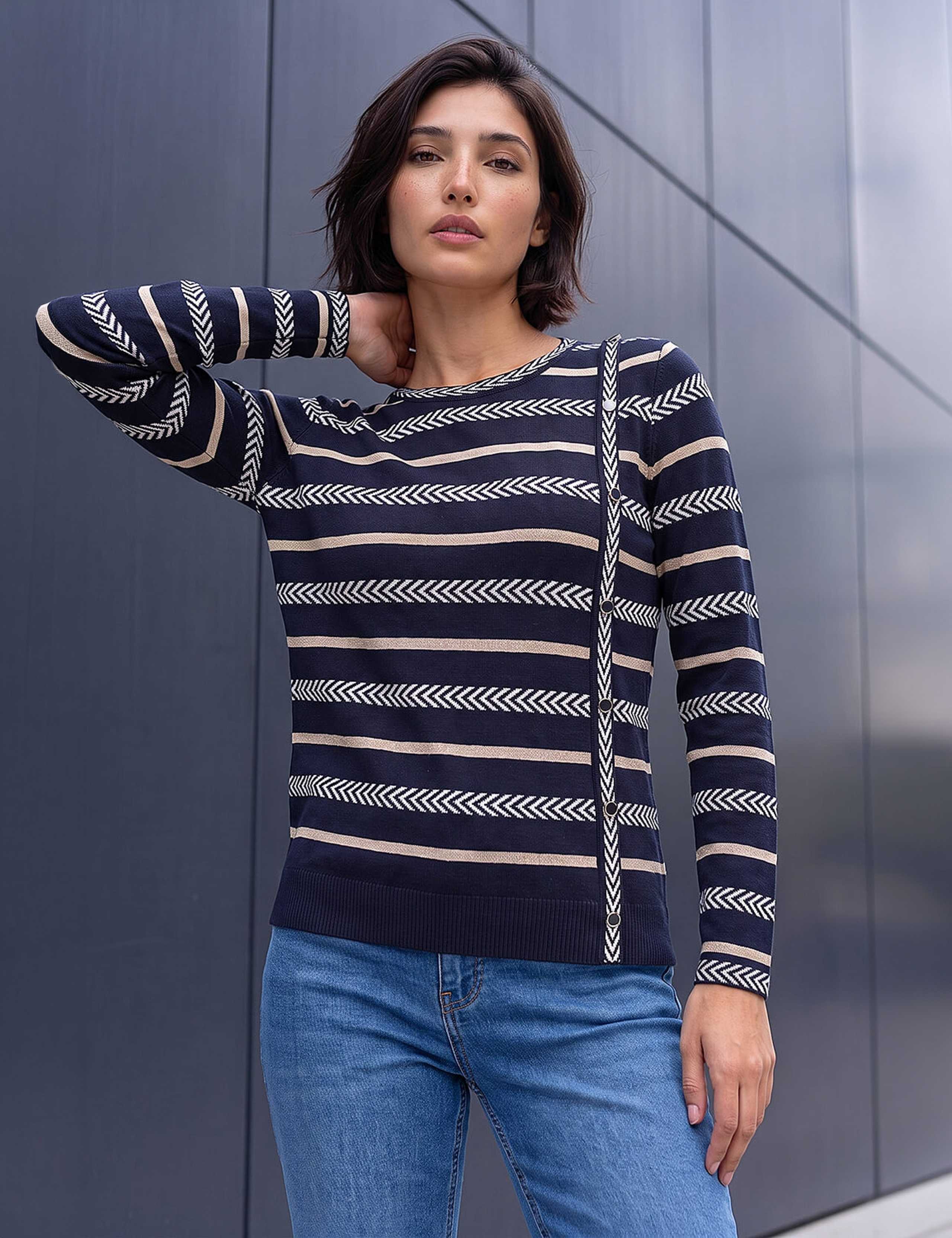 Petite Striped Round Neck Button Detail Jumper