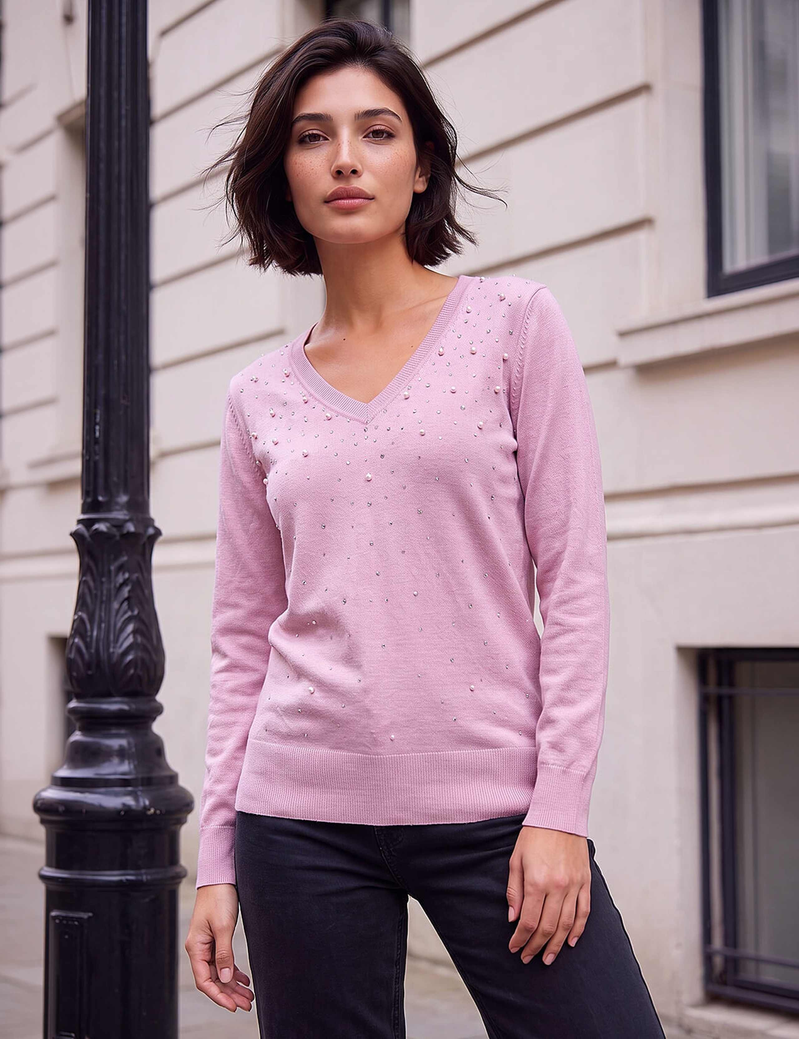 Petite Embellished V-Neck Jumper
