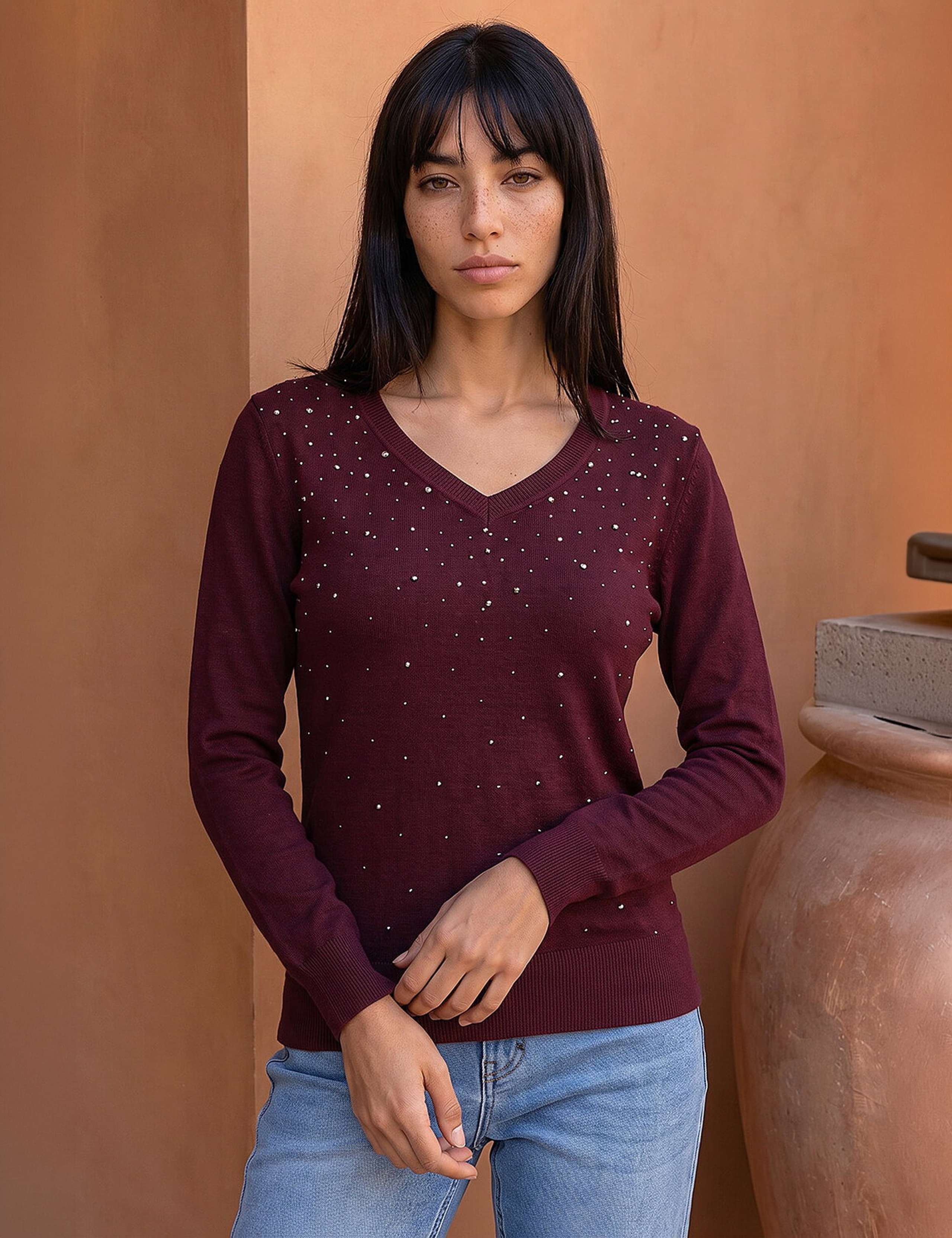 Petite Embellished V-Neck Jumper