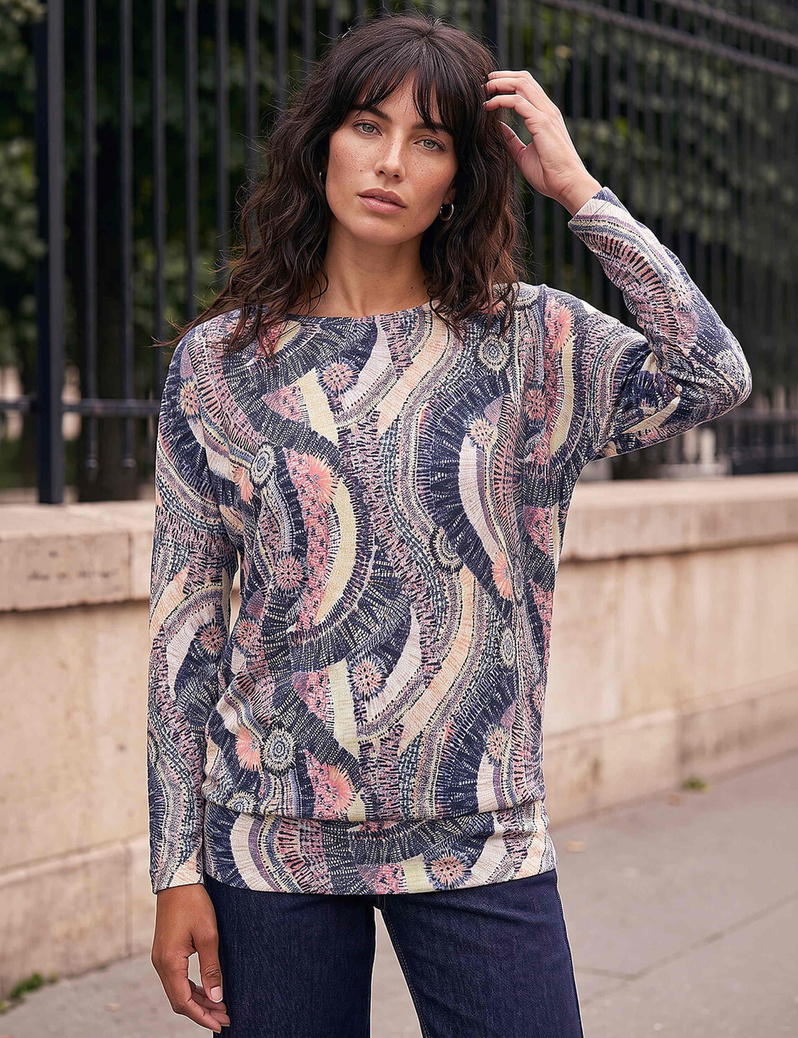 Jersey Printed Slash Neck Banded Hem Top