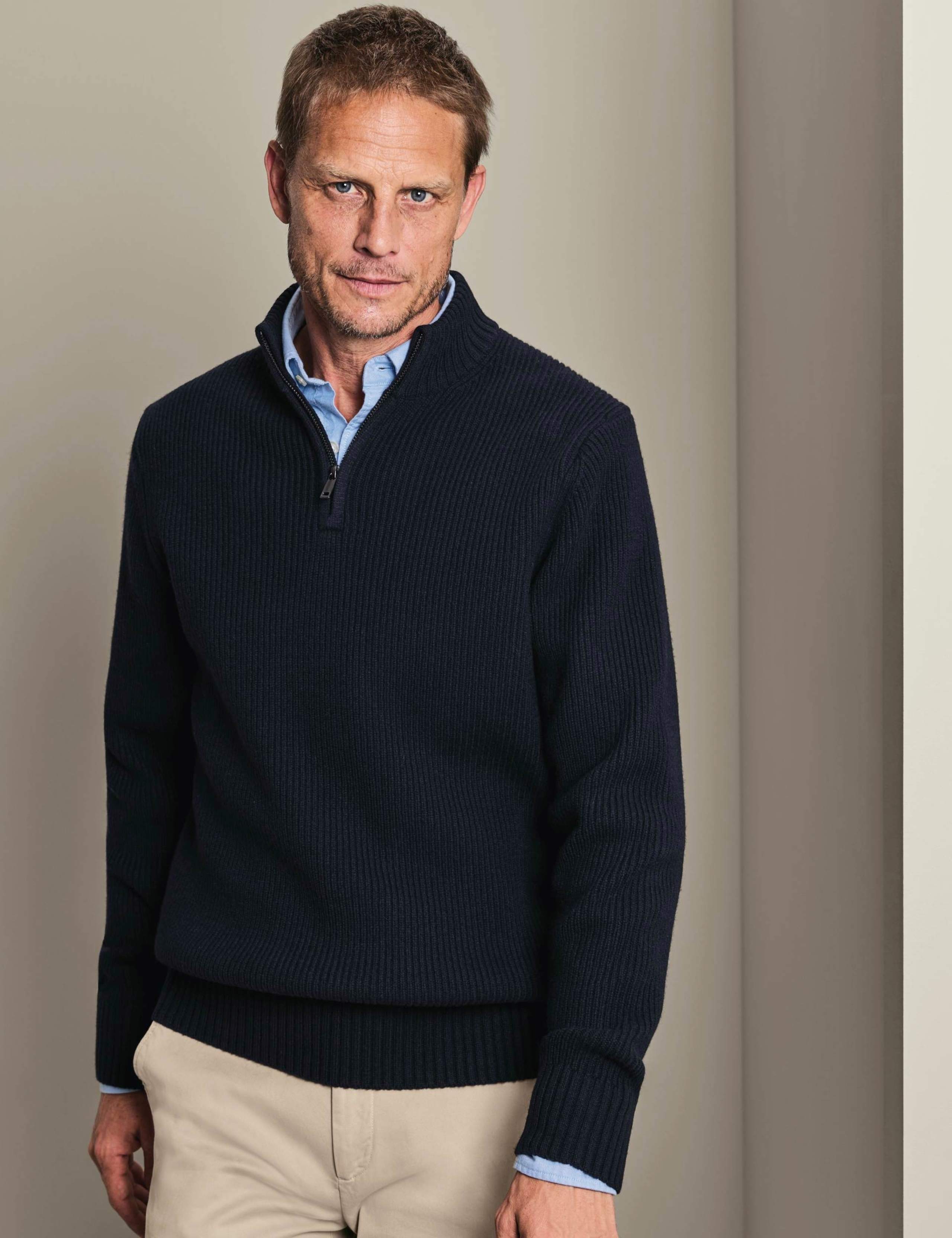 Merino Wool Ribbed Zip Up Jumper