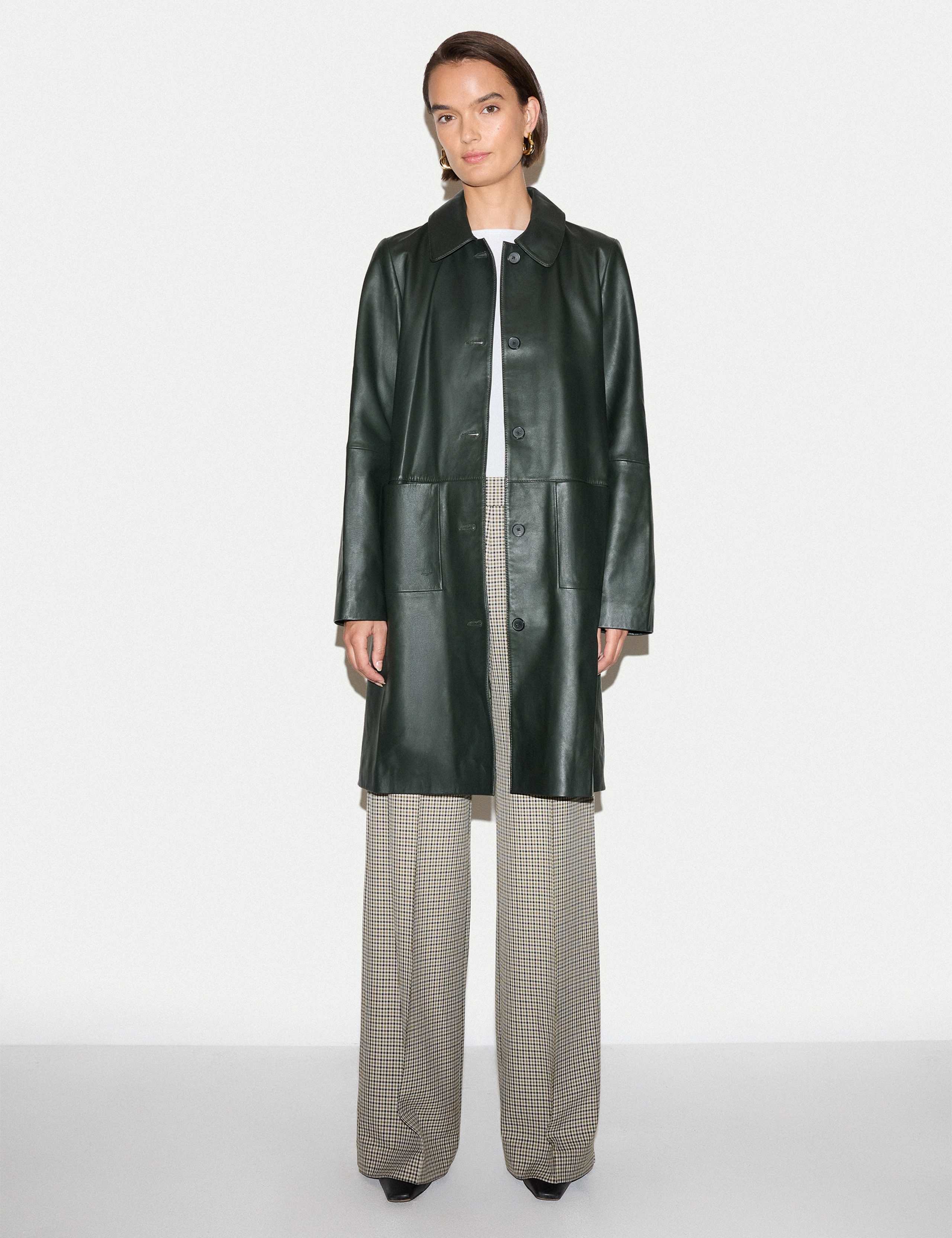 Leather Collared Knee Length Coat