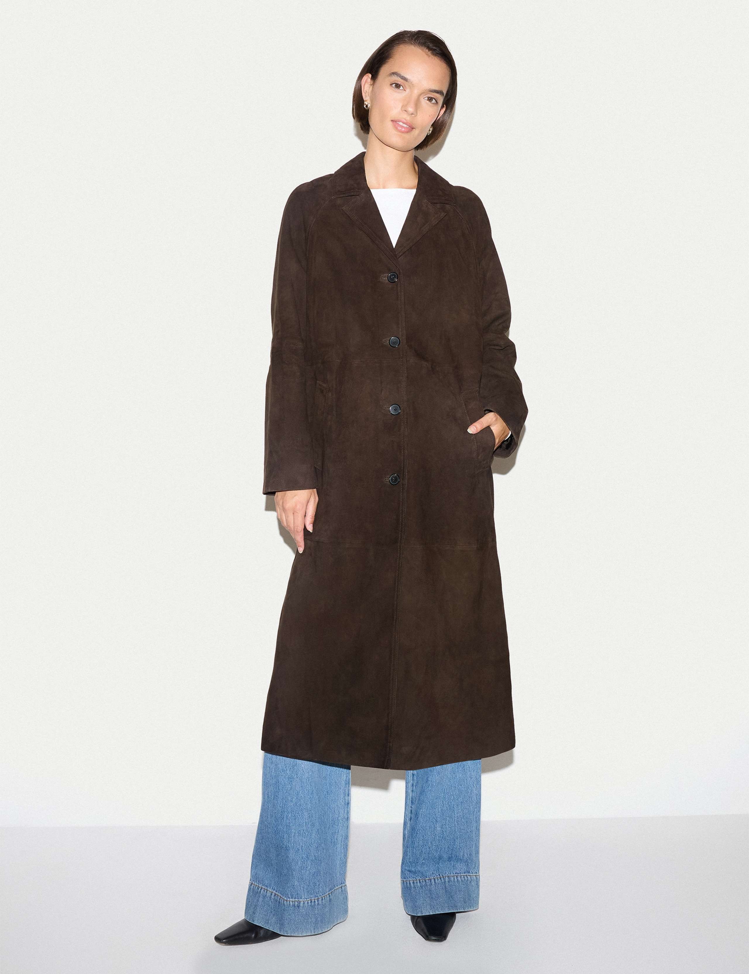 Suede Notch Neck Longline Coat