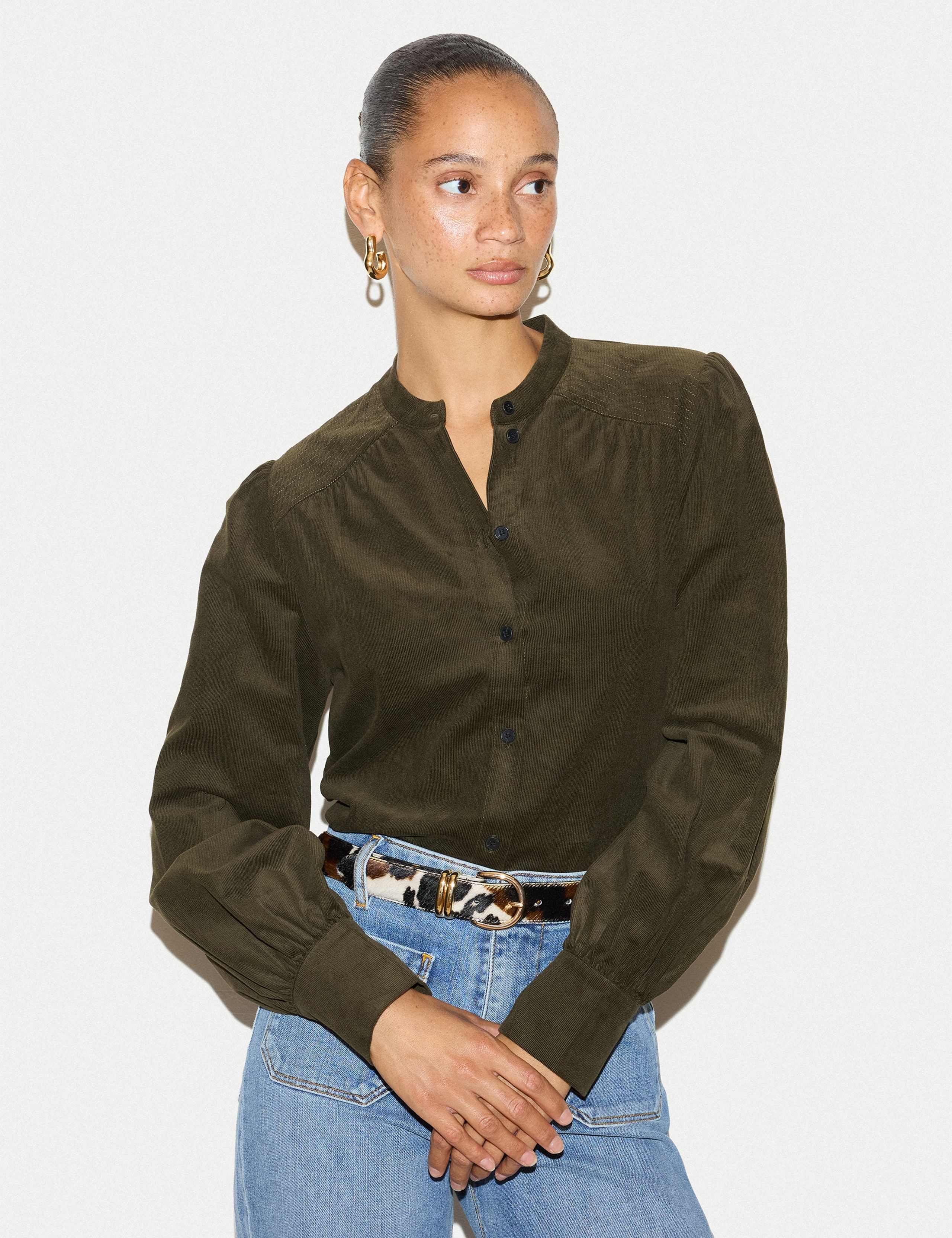 Cord Collared Blouson Sleeve Shirt
