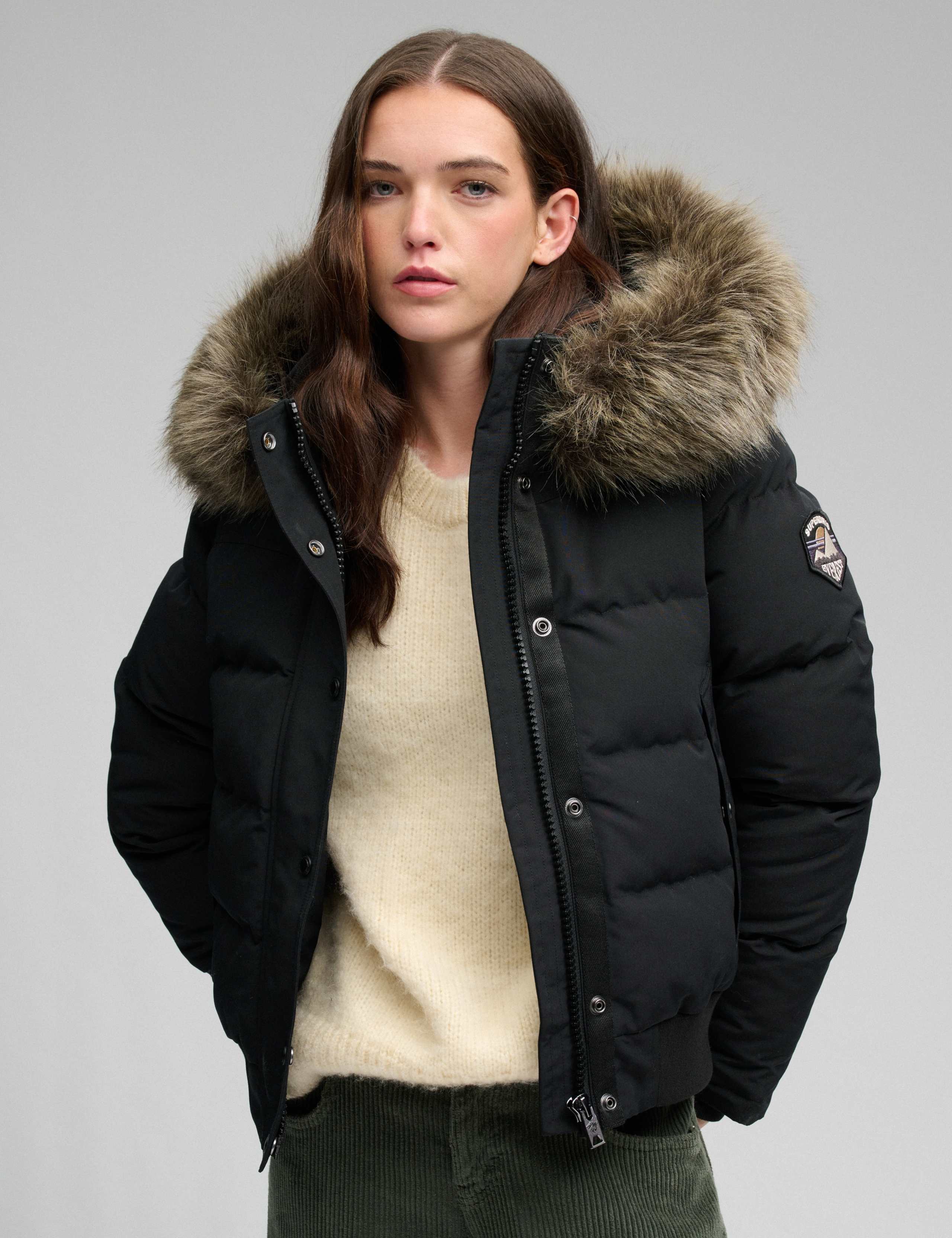 Padded Hooded Faux Fur Trim Bomber Jacket