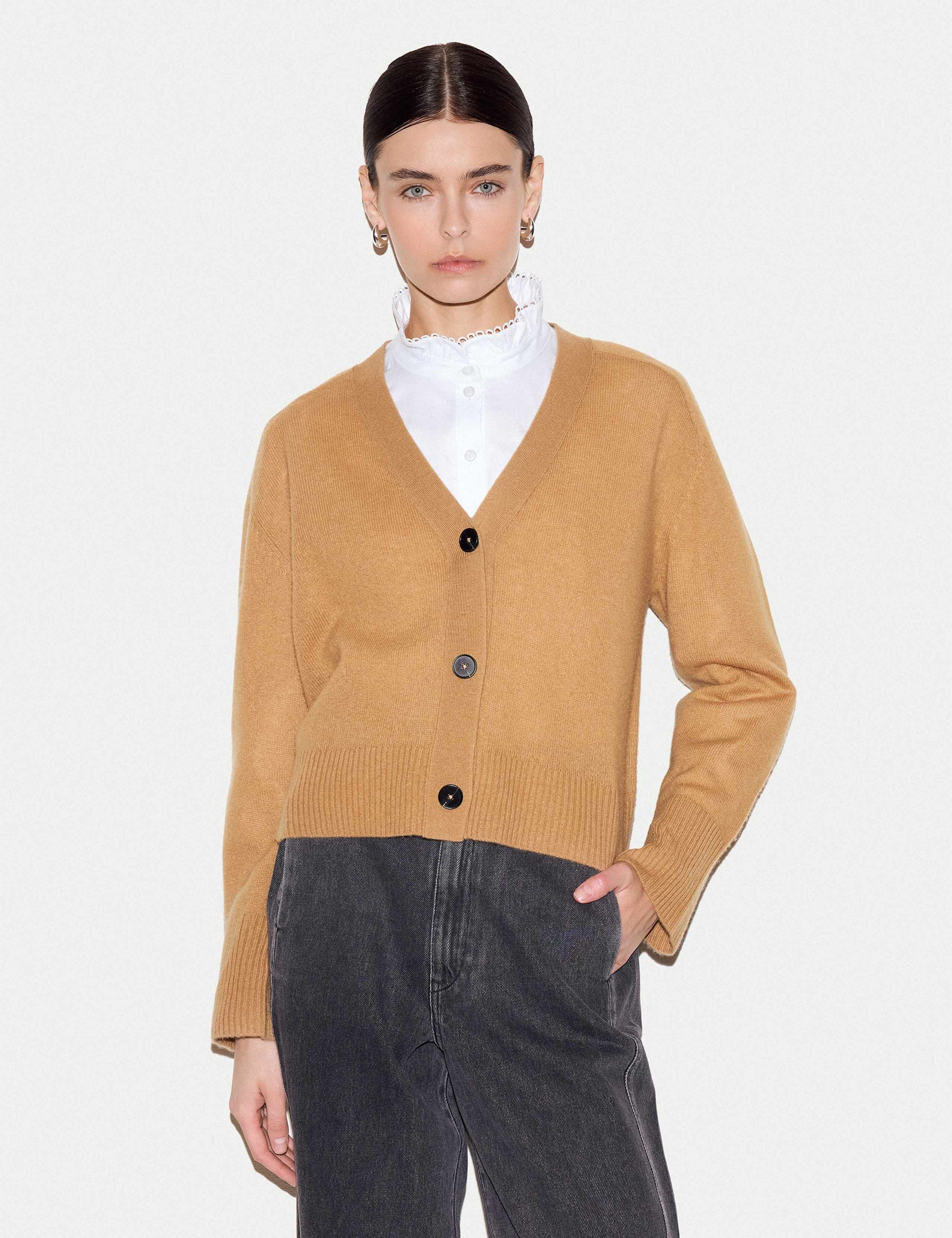Merino Wool Rich V Neck Relaxed Cardigan with Cashmere