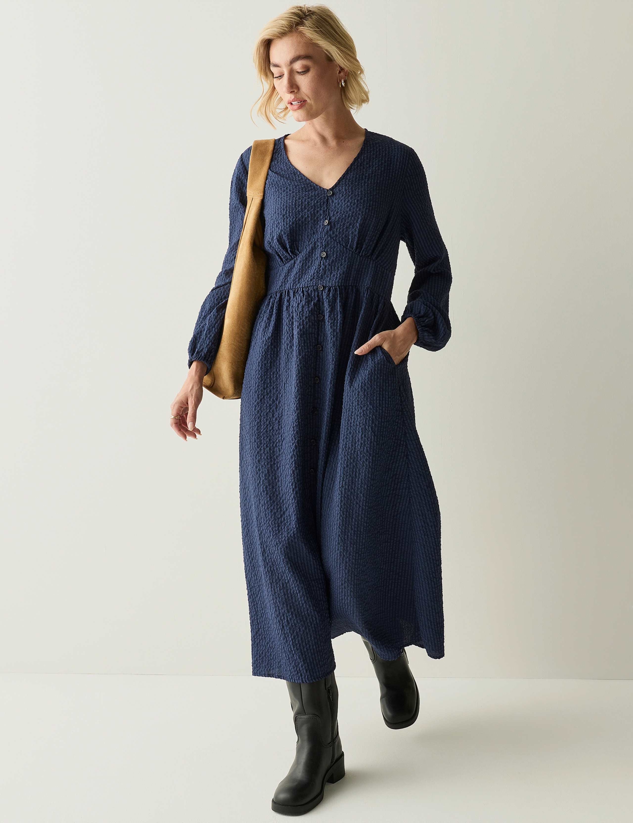 Gingham V Neck Button Front Midi Smock Dress
