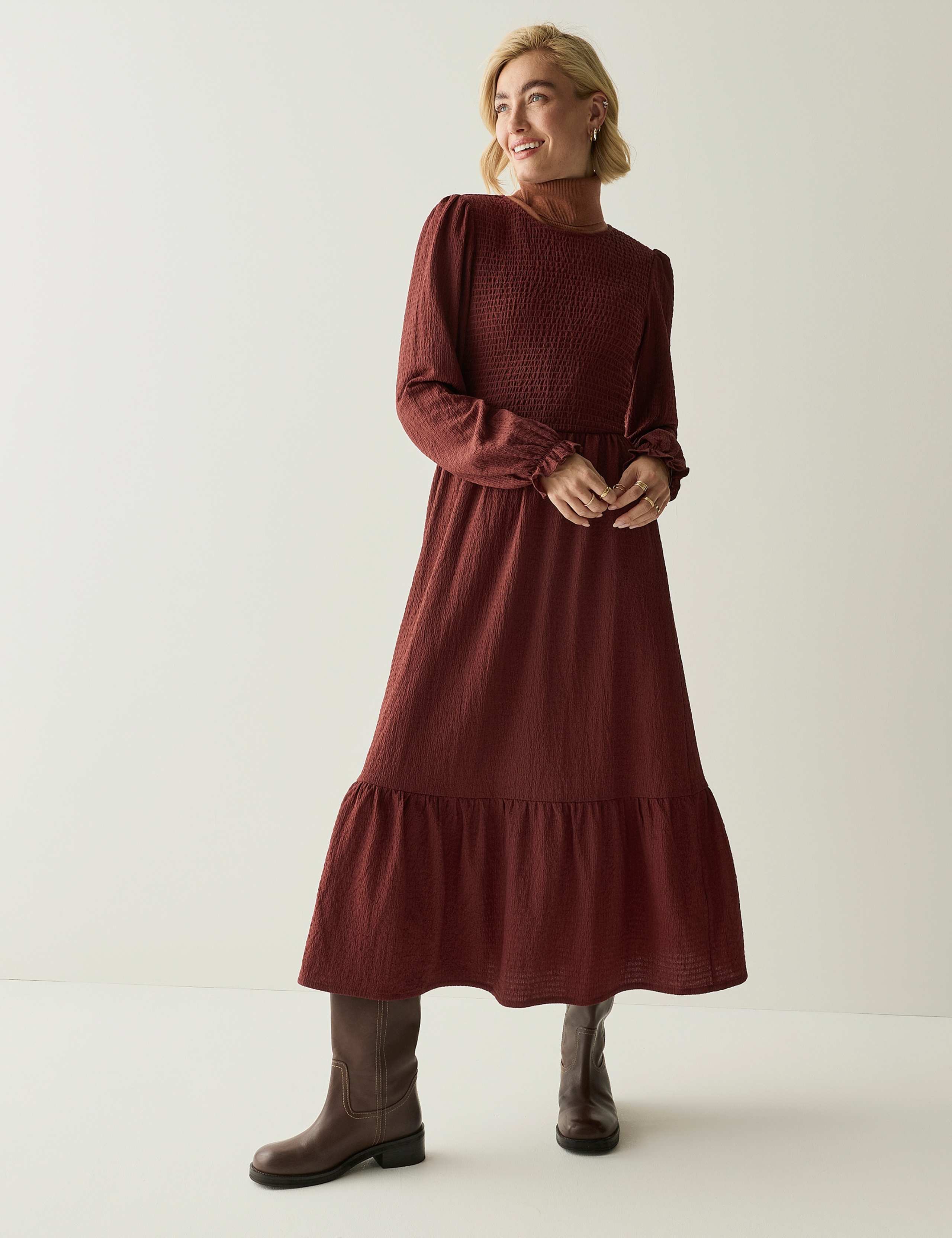 Textured Shirred Maxi Tiered Dress
