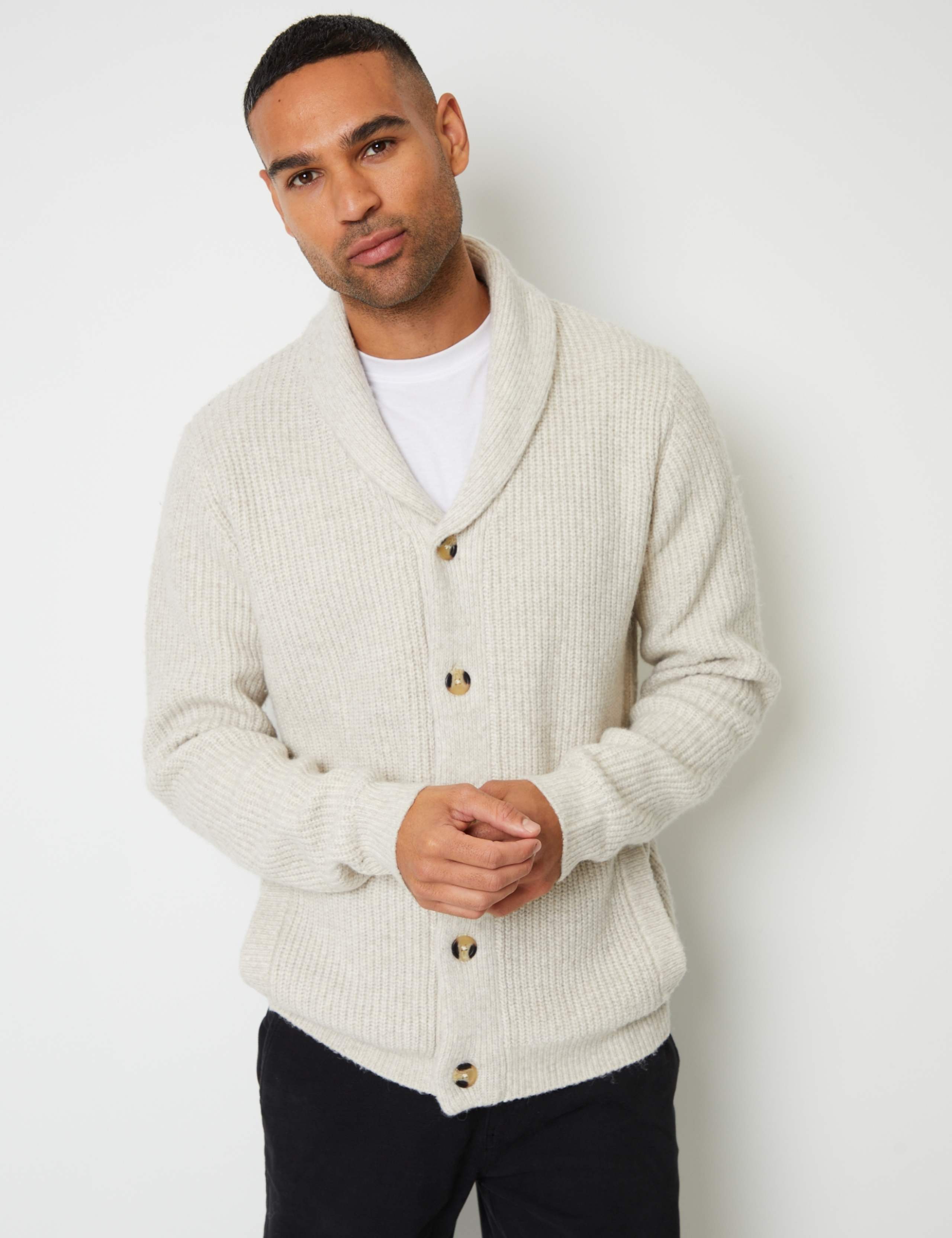 Ribbed Shawl Neck Cardigan with Wool