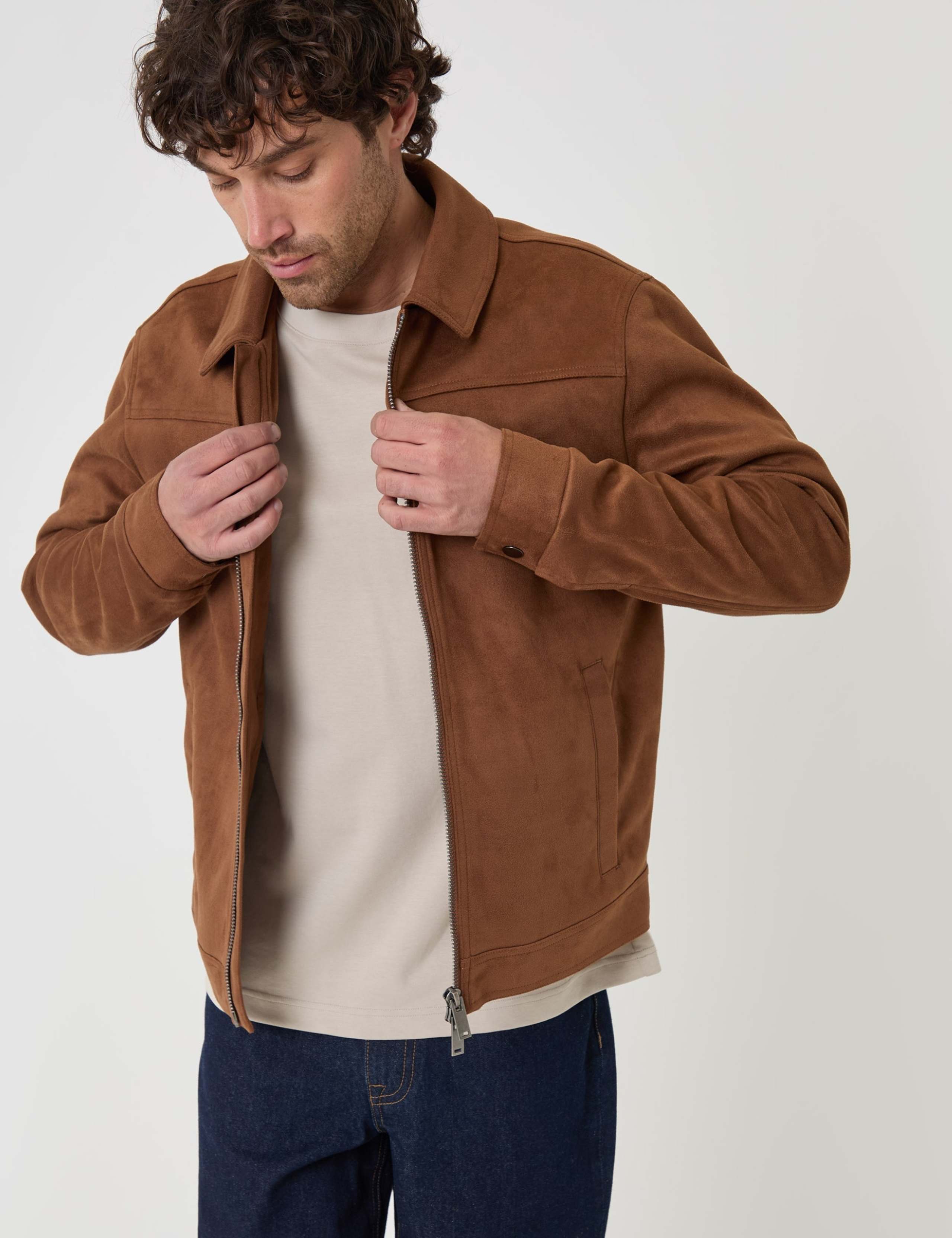 Faux Suede Zip Up Collared Jacket