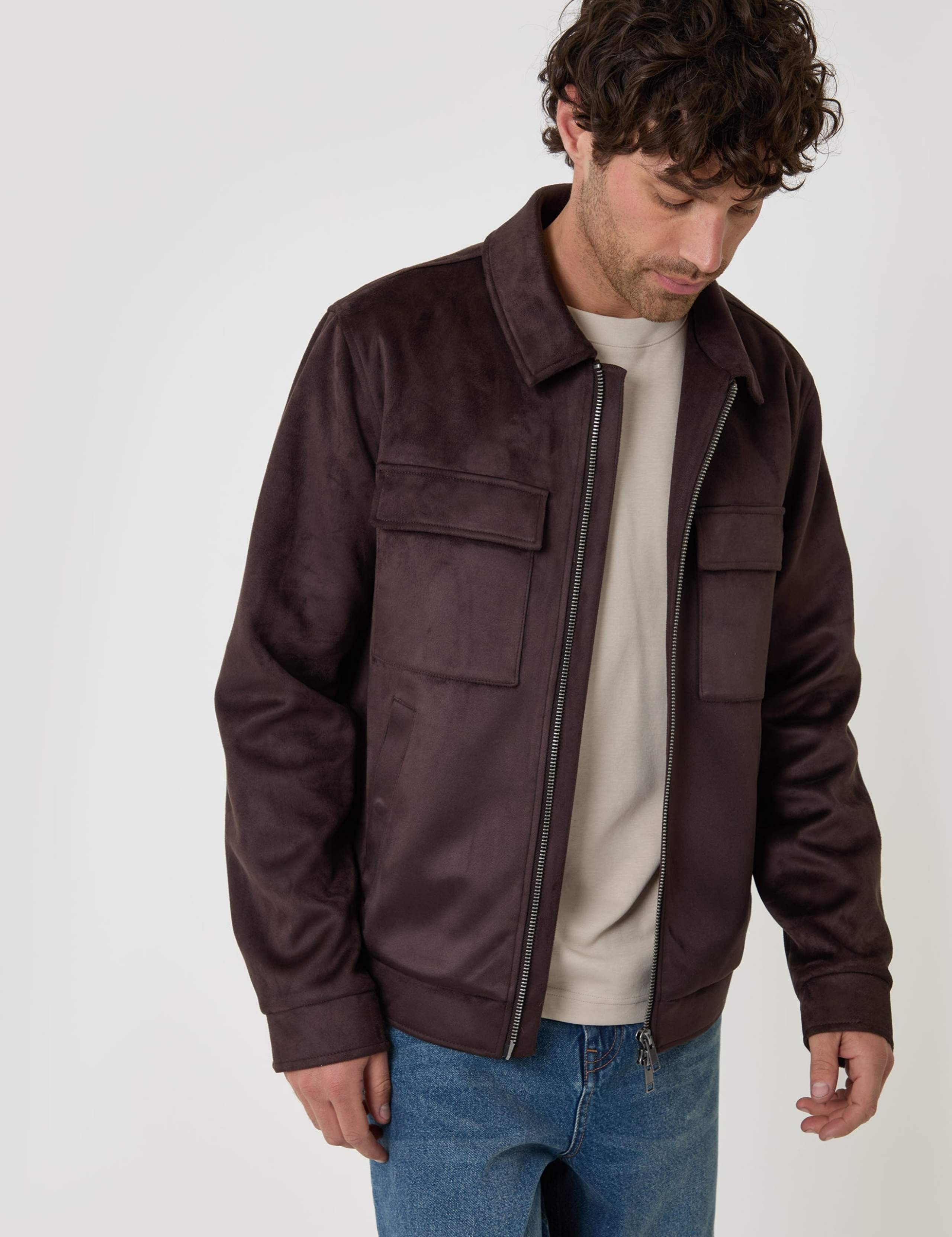 Faux Suede Zip Up Collared Jacket