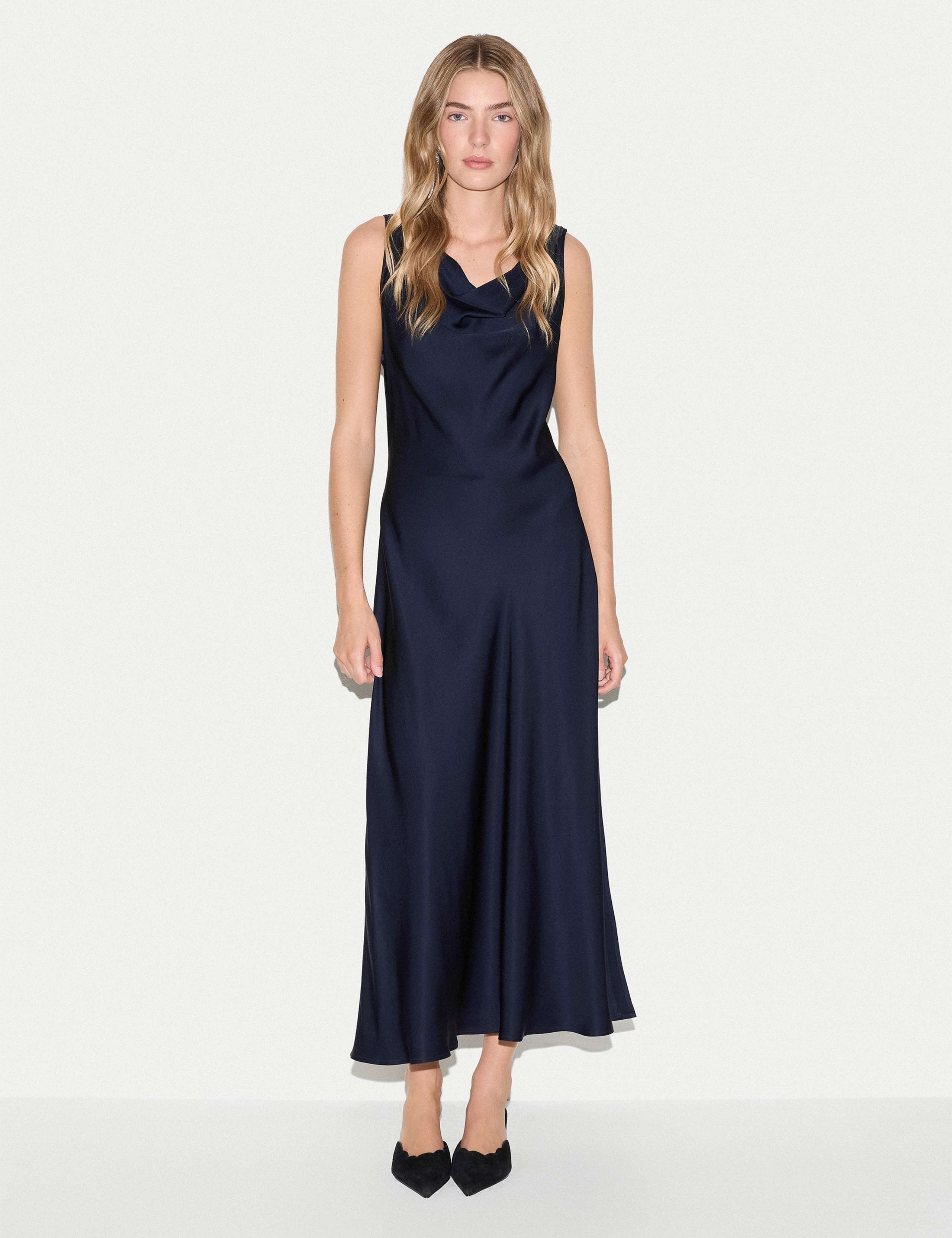 Satin Cowl Neck Midi Dress