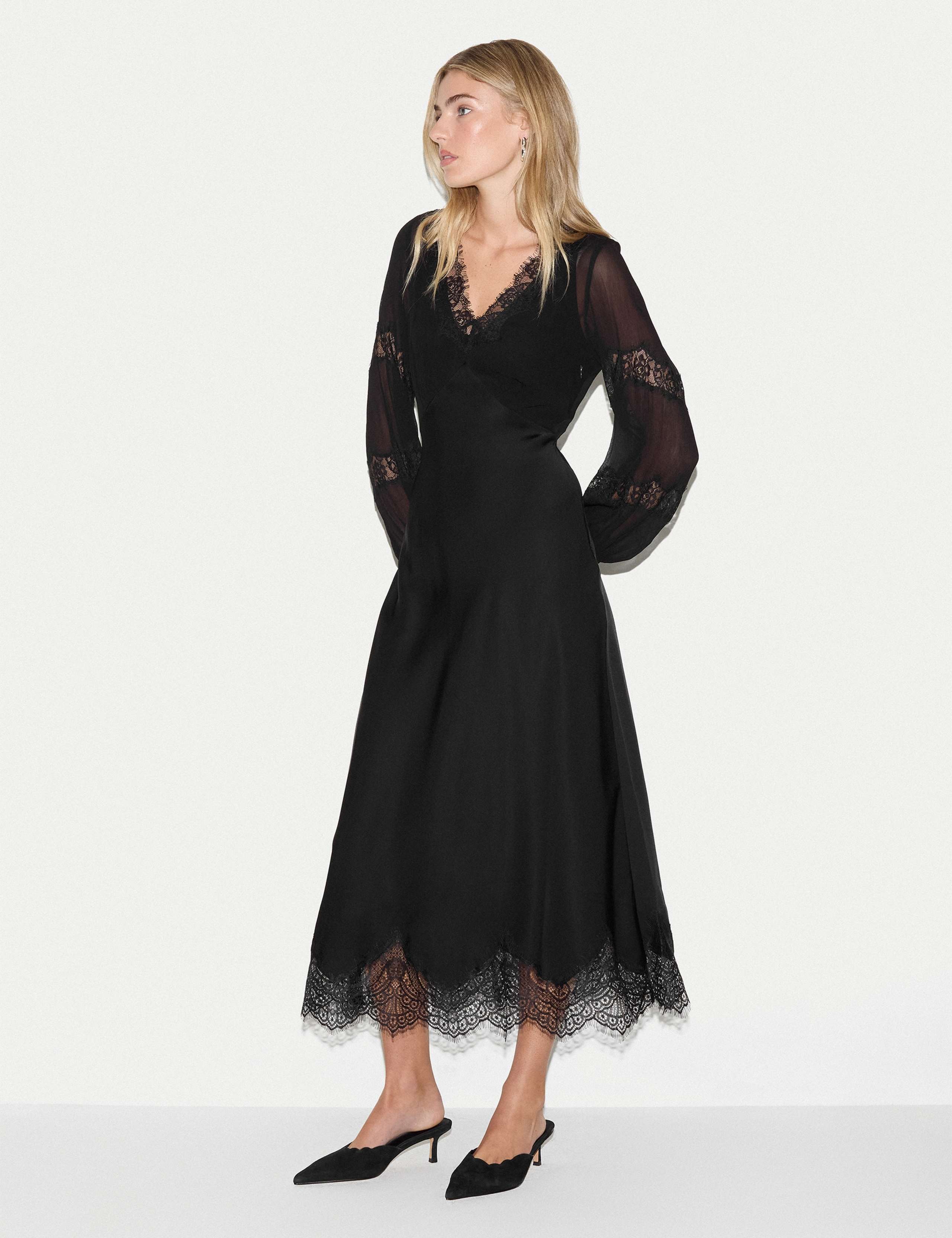 Satin Lace Trim Midi Dress
