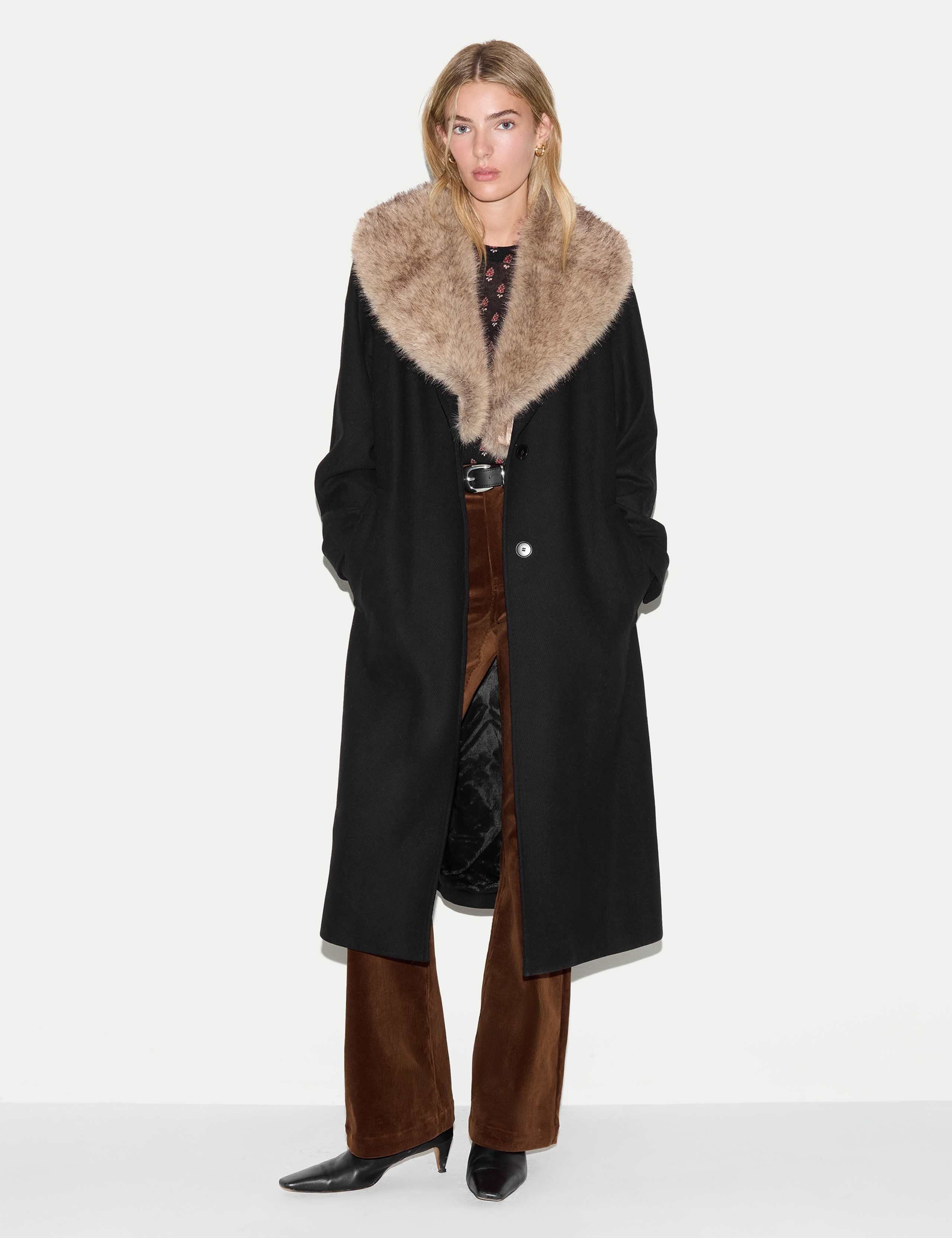 Wool Rich Faux Fur Collar Longline Duster Coat