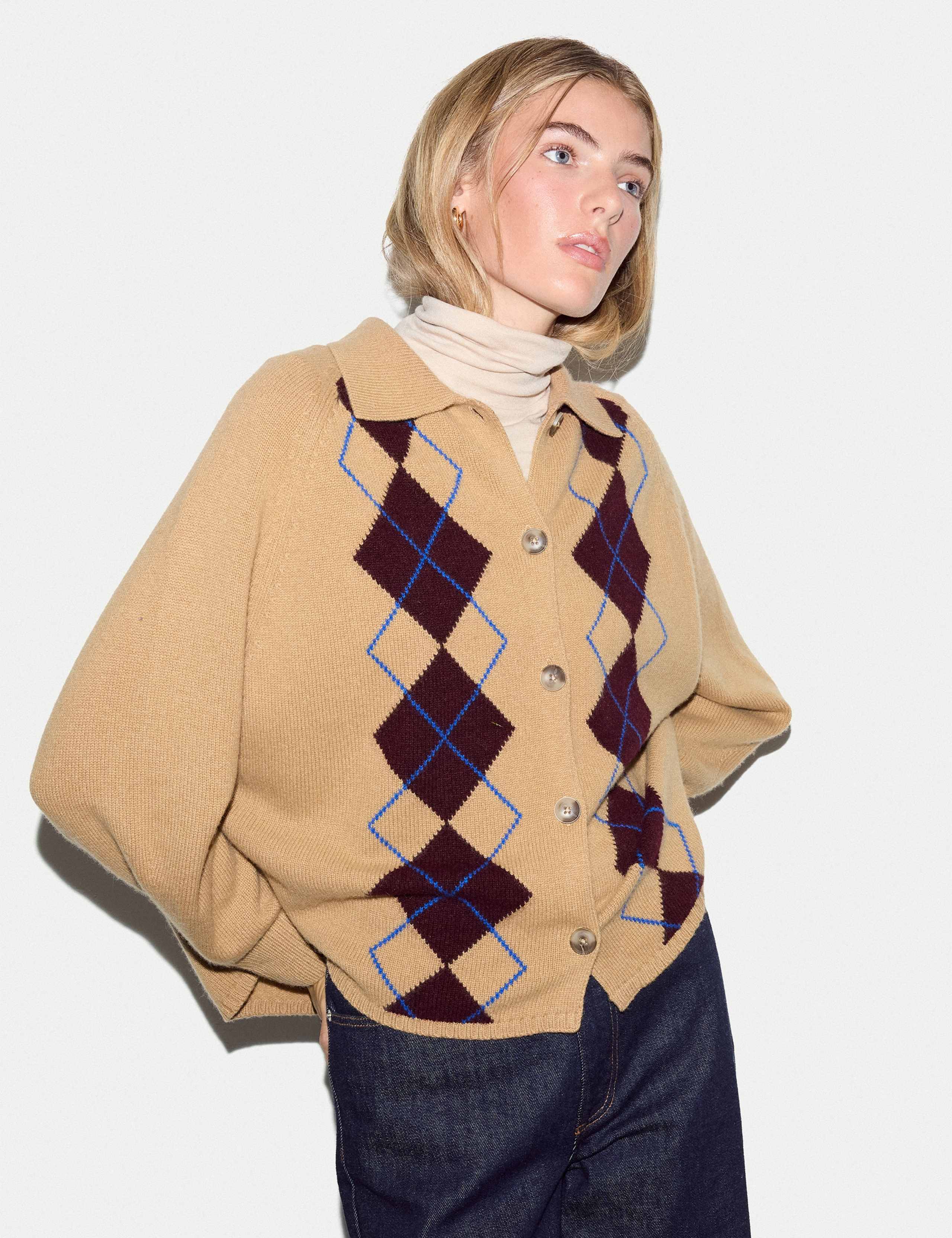 Wool Rich Argyle Collared Cardigan