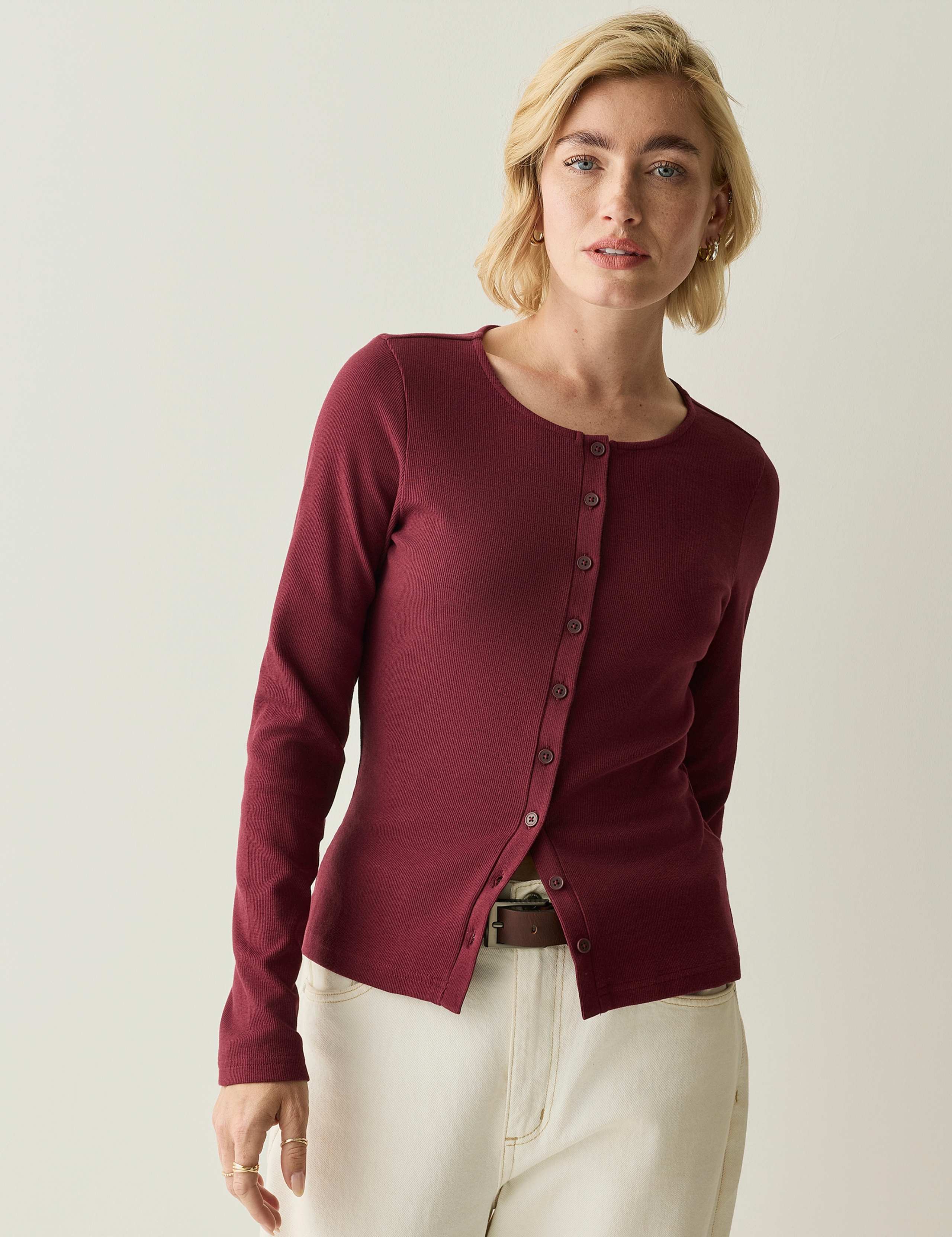 Cotton Rich Ribbed Button Detail Fitted Top