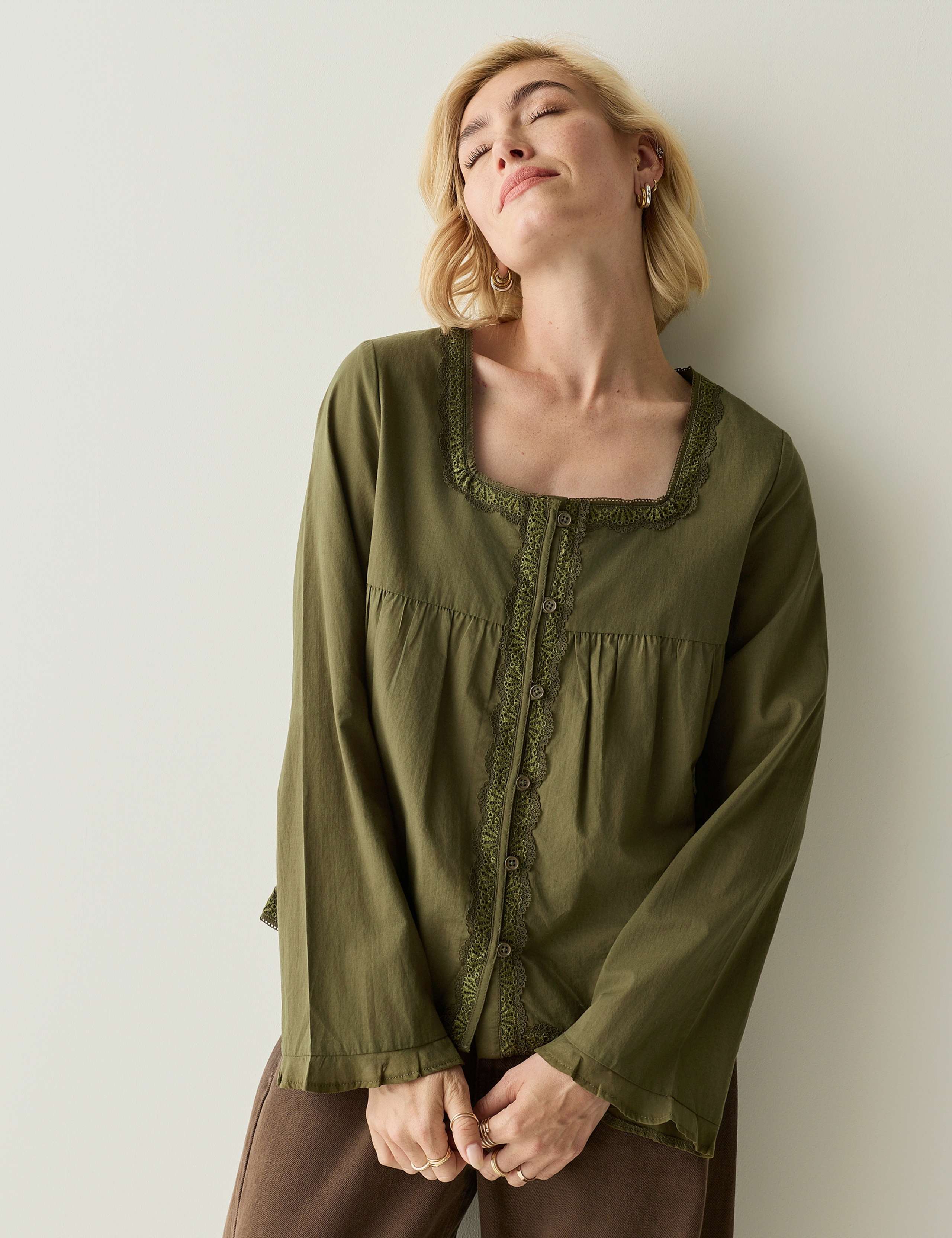 Pure Cotton Square Neck Button Detail Top