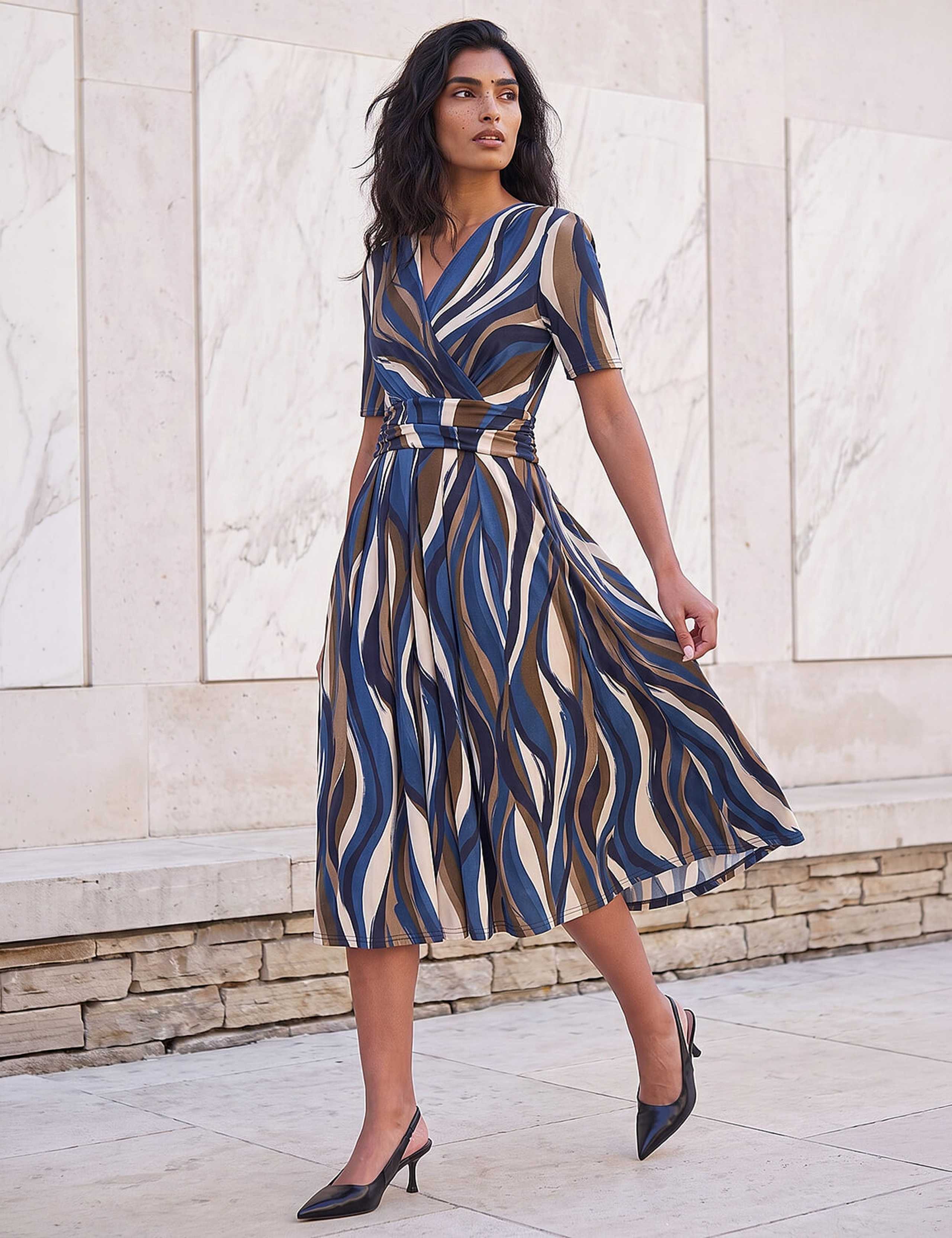 Abstract Print Midi Wrap Dress