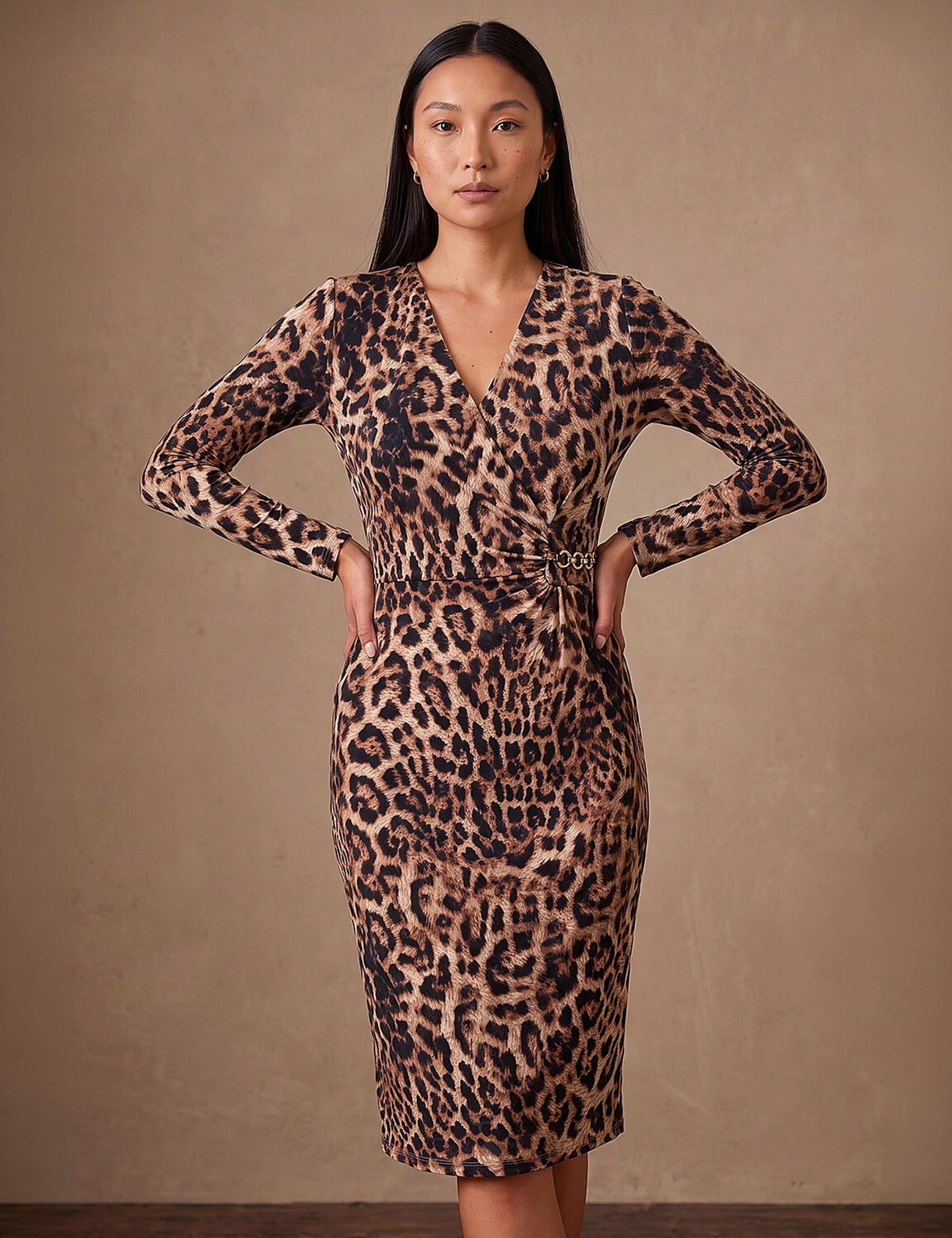 Animal Print V Neck Chain Detail Gathered Dress