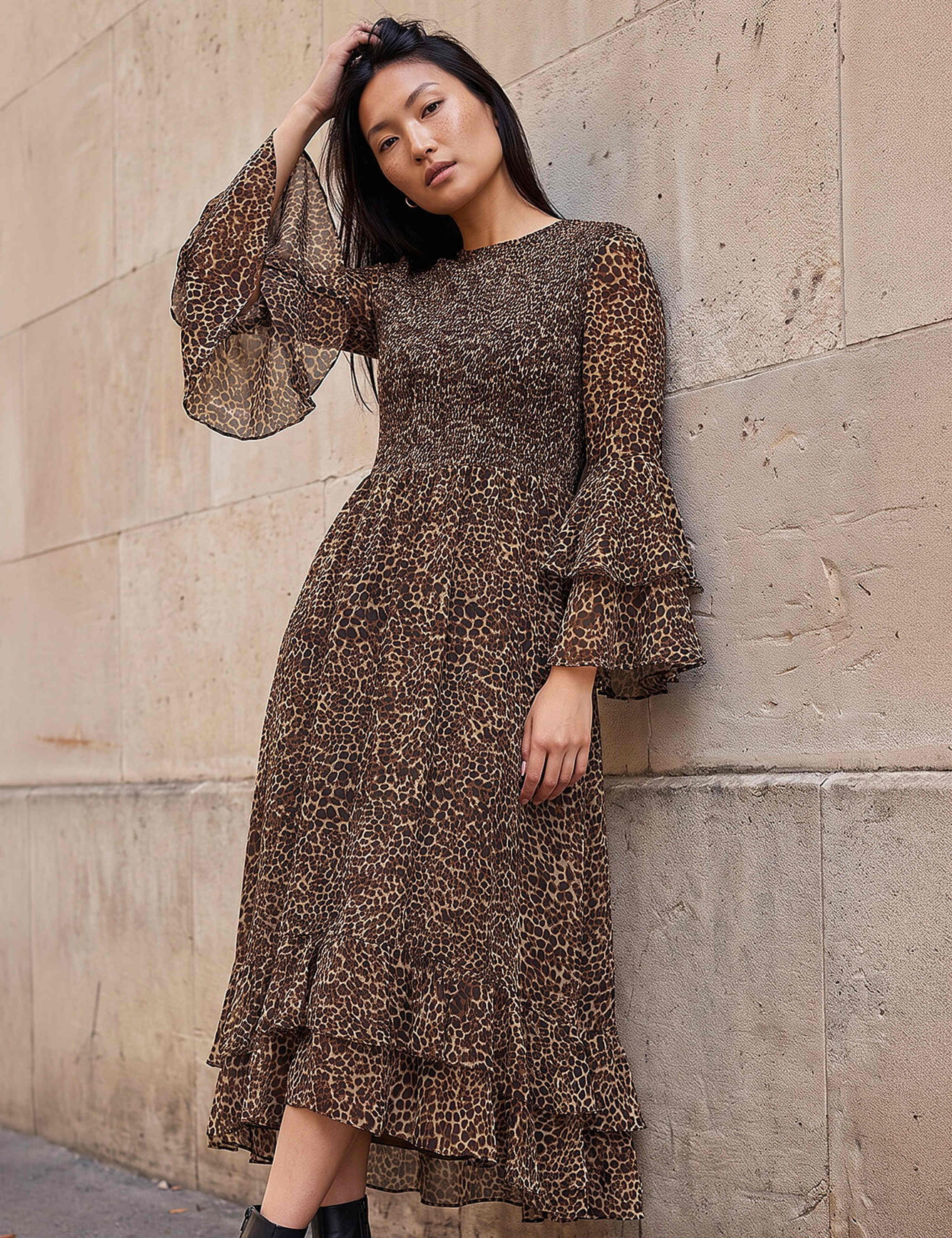Animal Print Frill Sleeve Midi Dress