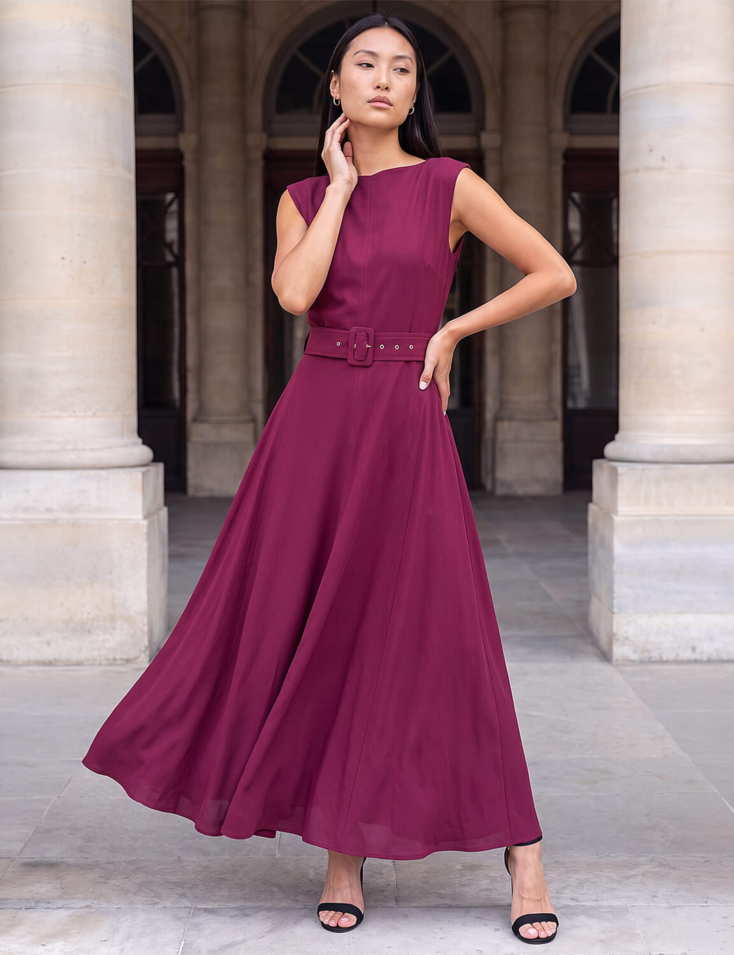 Belted Asymmetric Neck Knee Length Dress