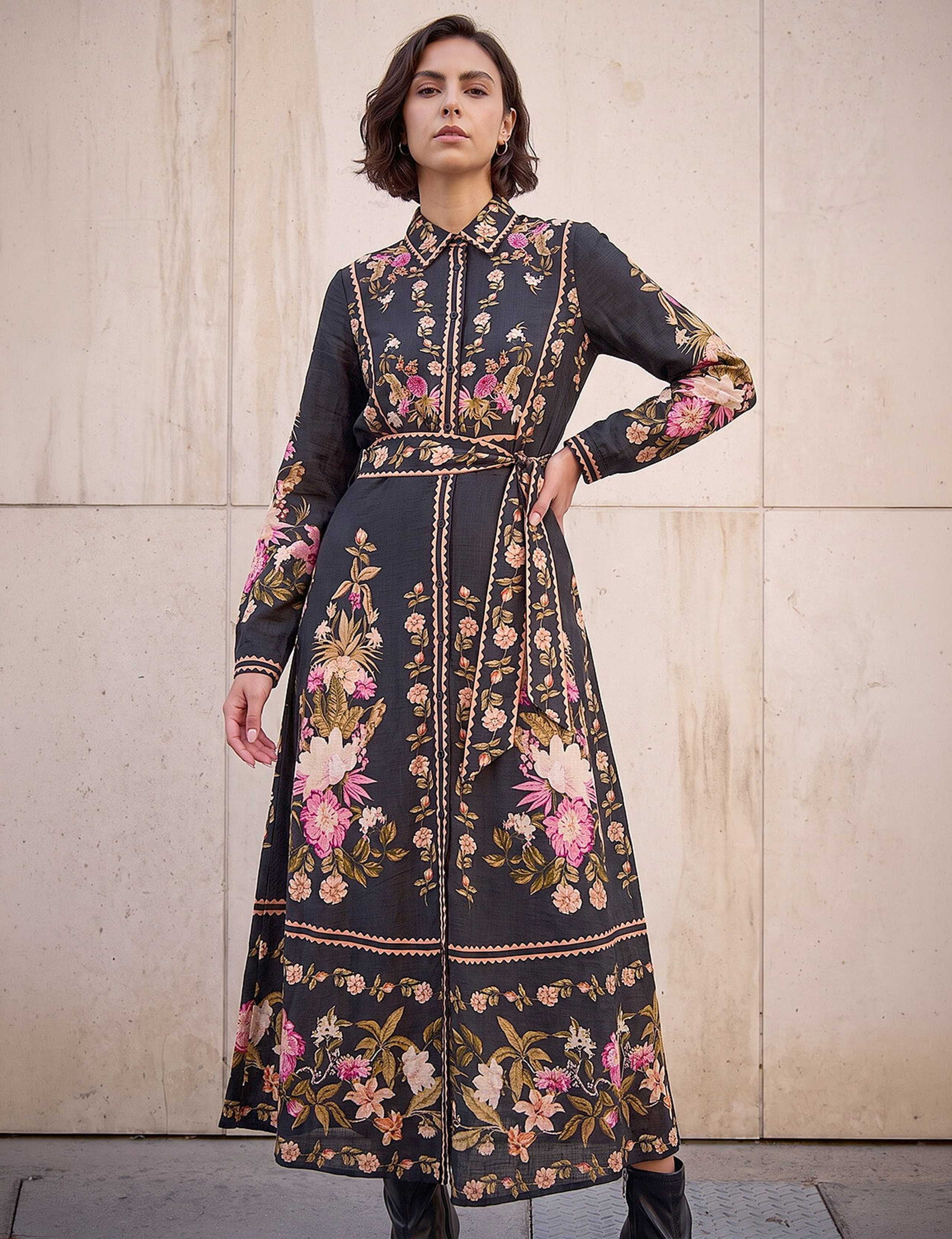 Bordered Floral Knee Length Dress