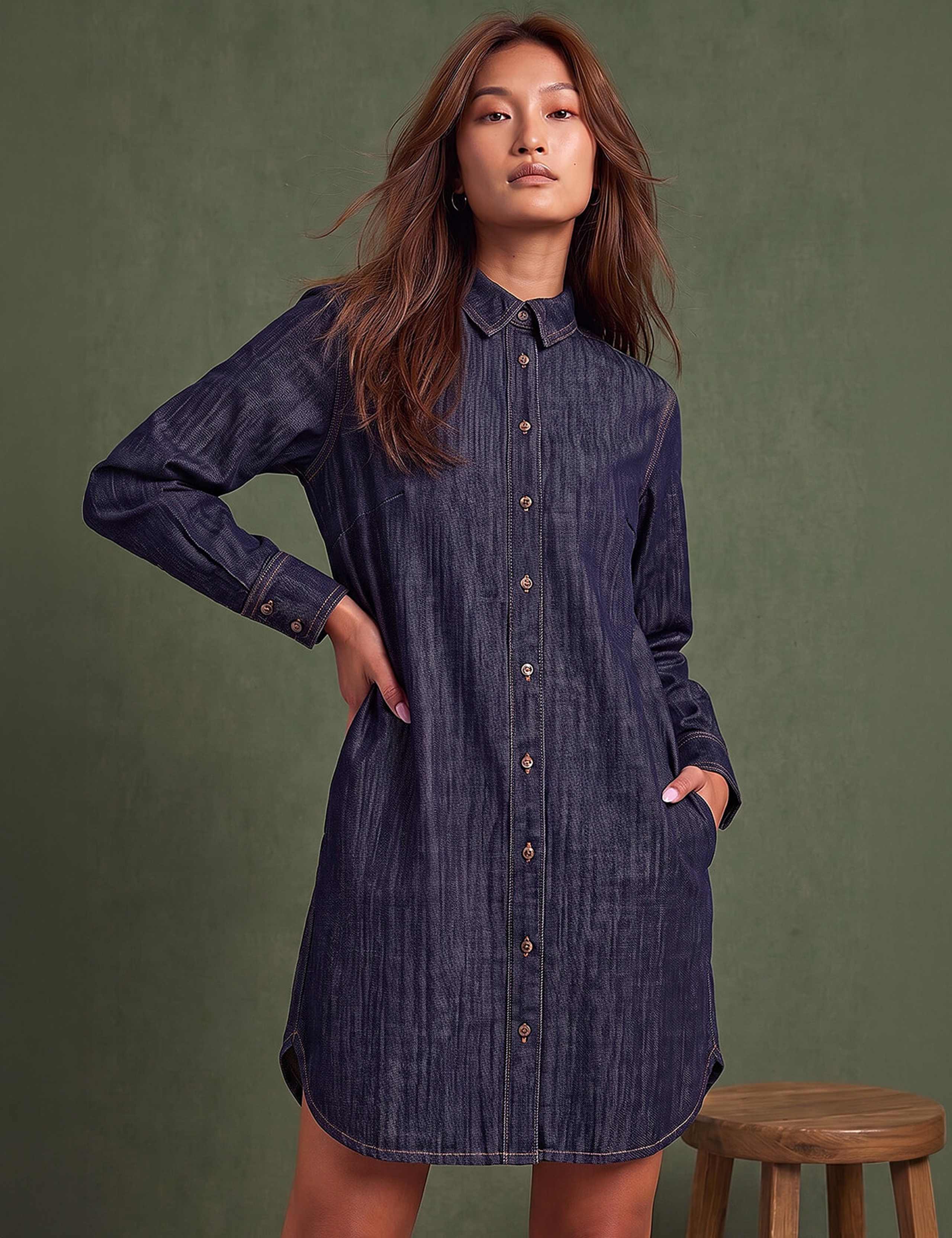 Pure Cotton Button Through Knee Length Shirt Dress