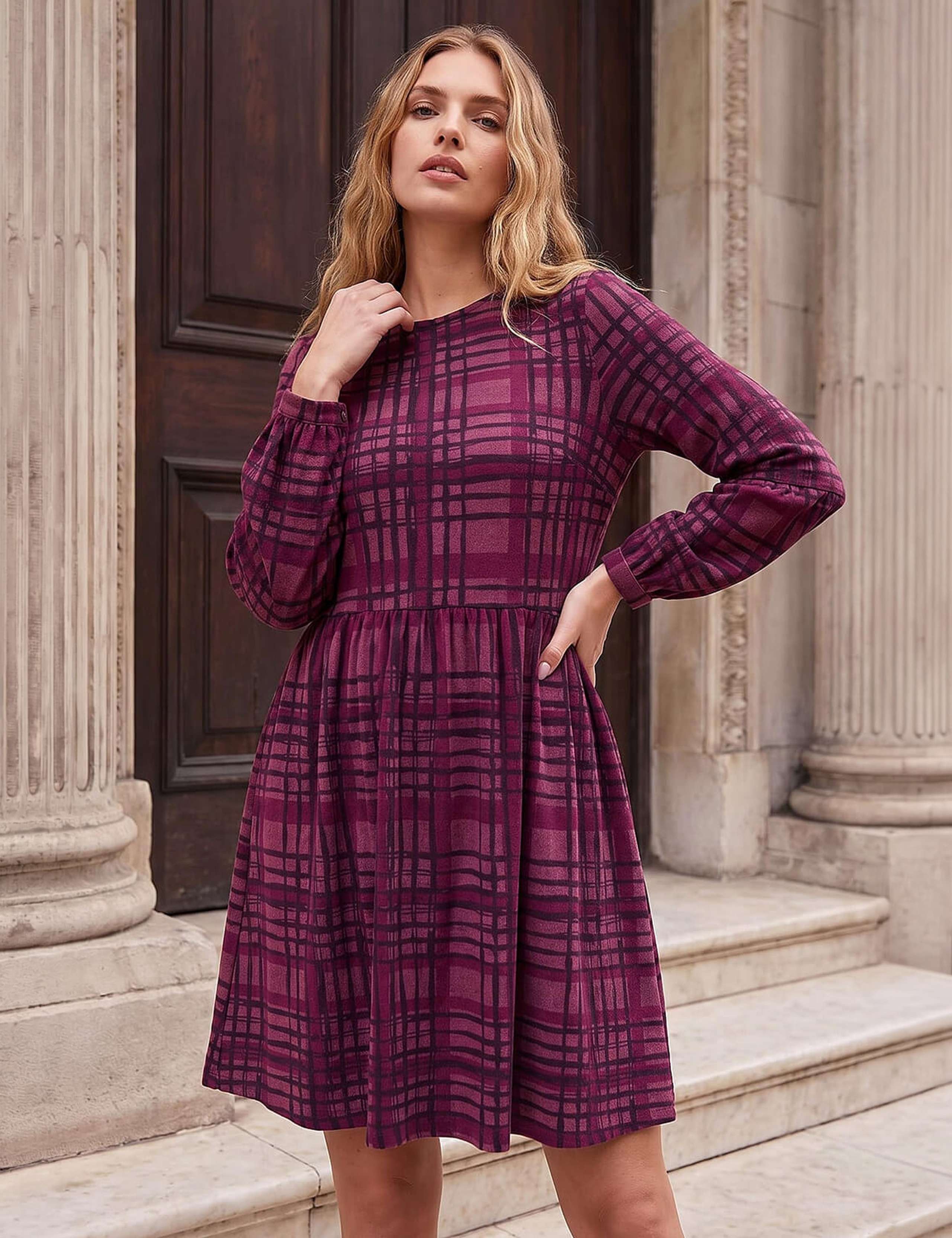 Checked Print Stretch Knee Length Dress