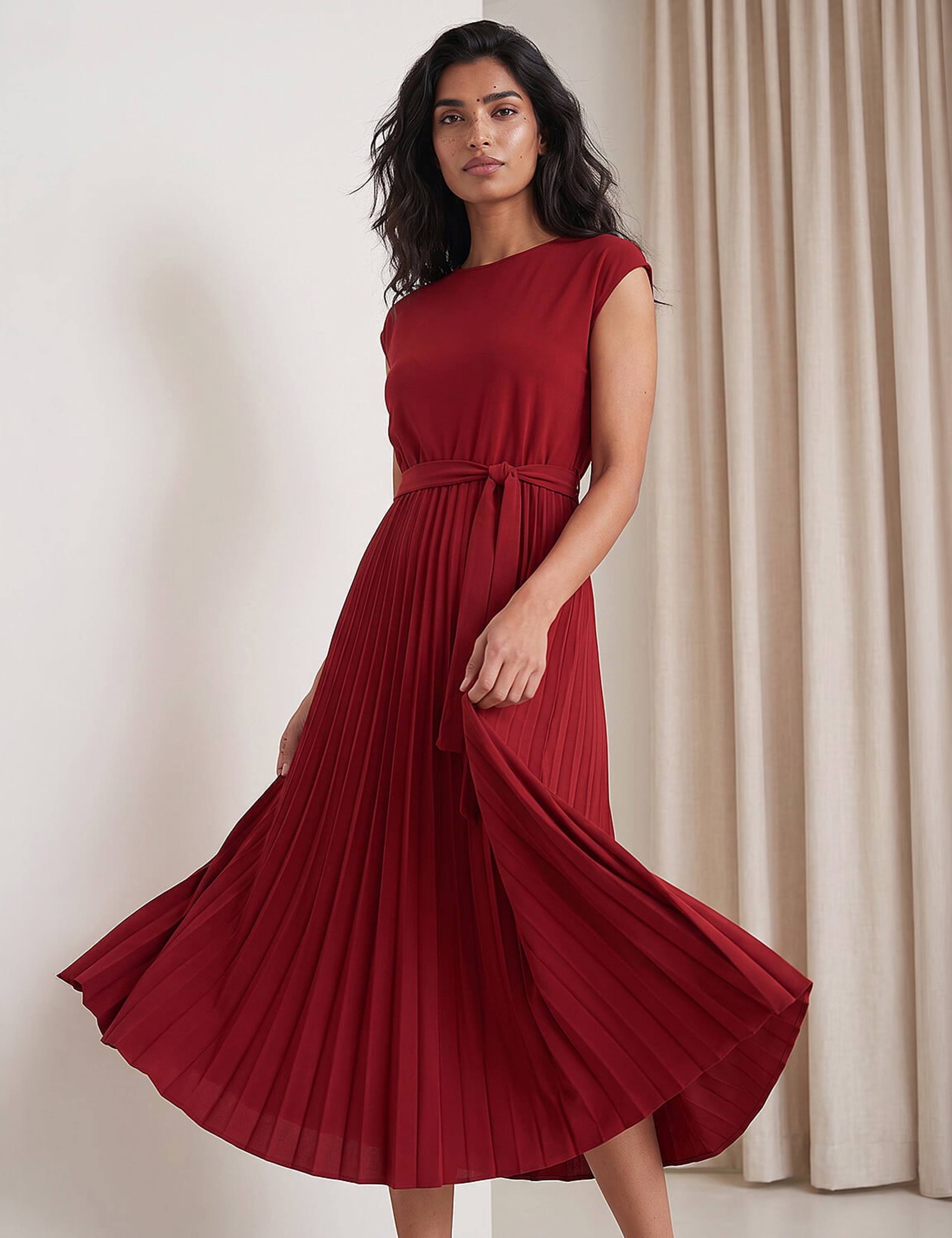 Pleated Tie Waist Dress