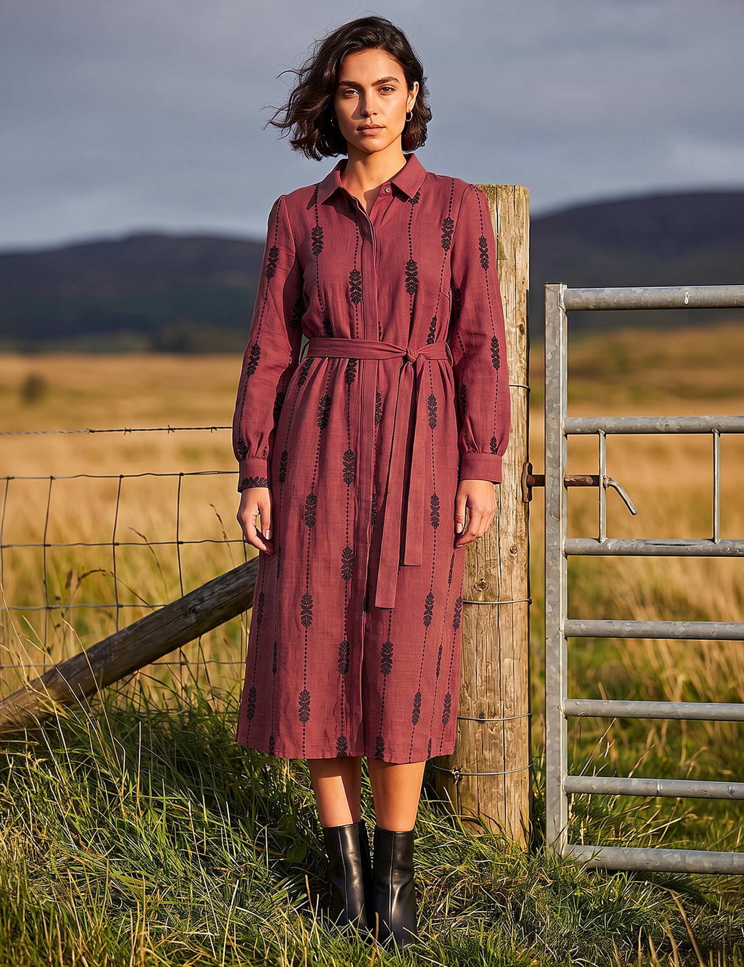 Embroidered Belted Midi Dress