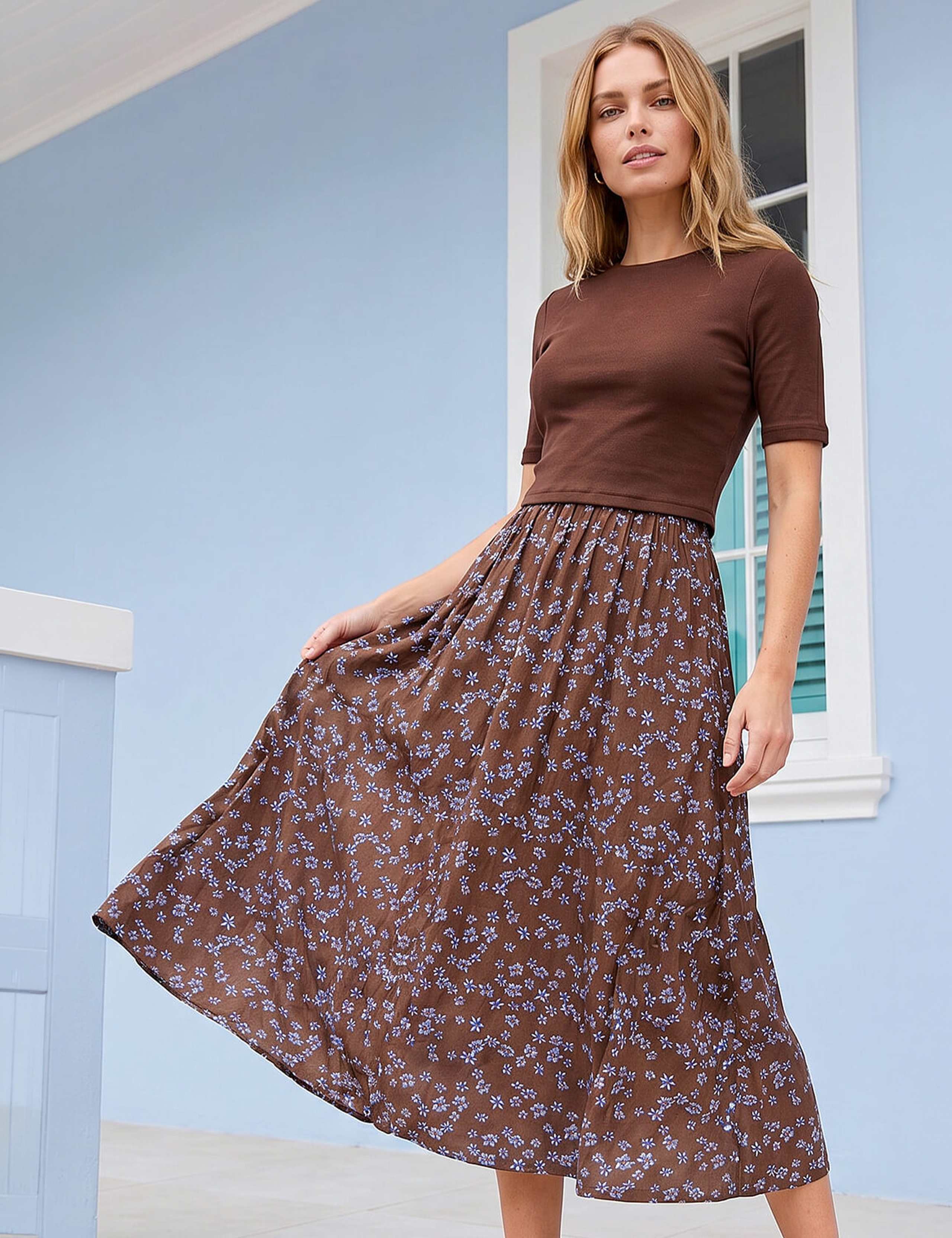 Cotton Rich Floral Knitted Knee Length Dress