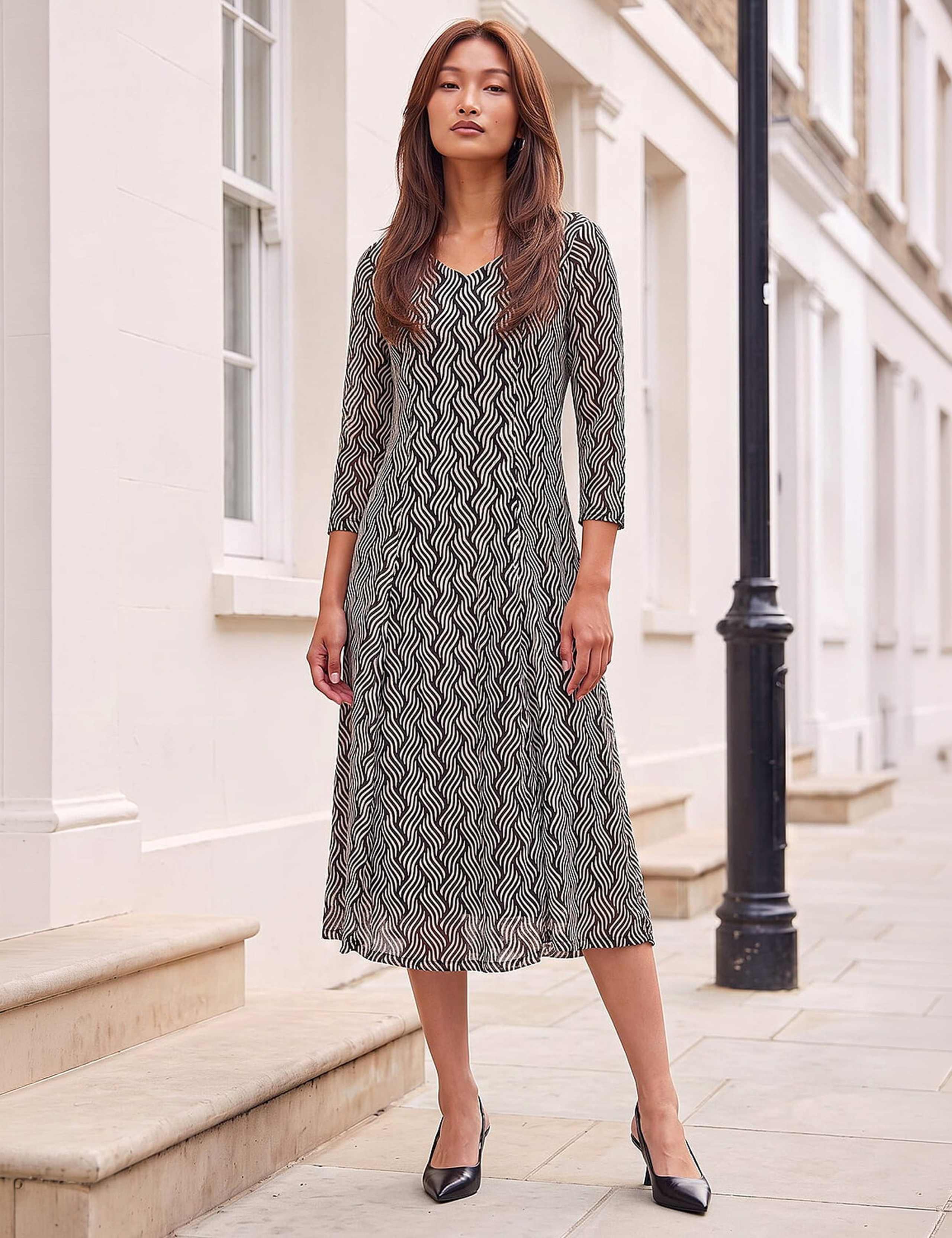 Geometric Print Mesh Midi Dress