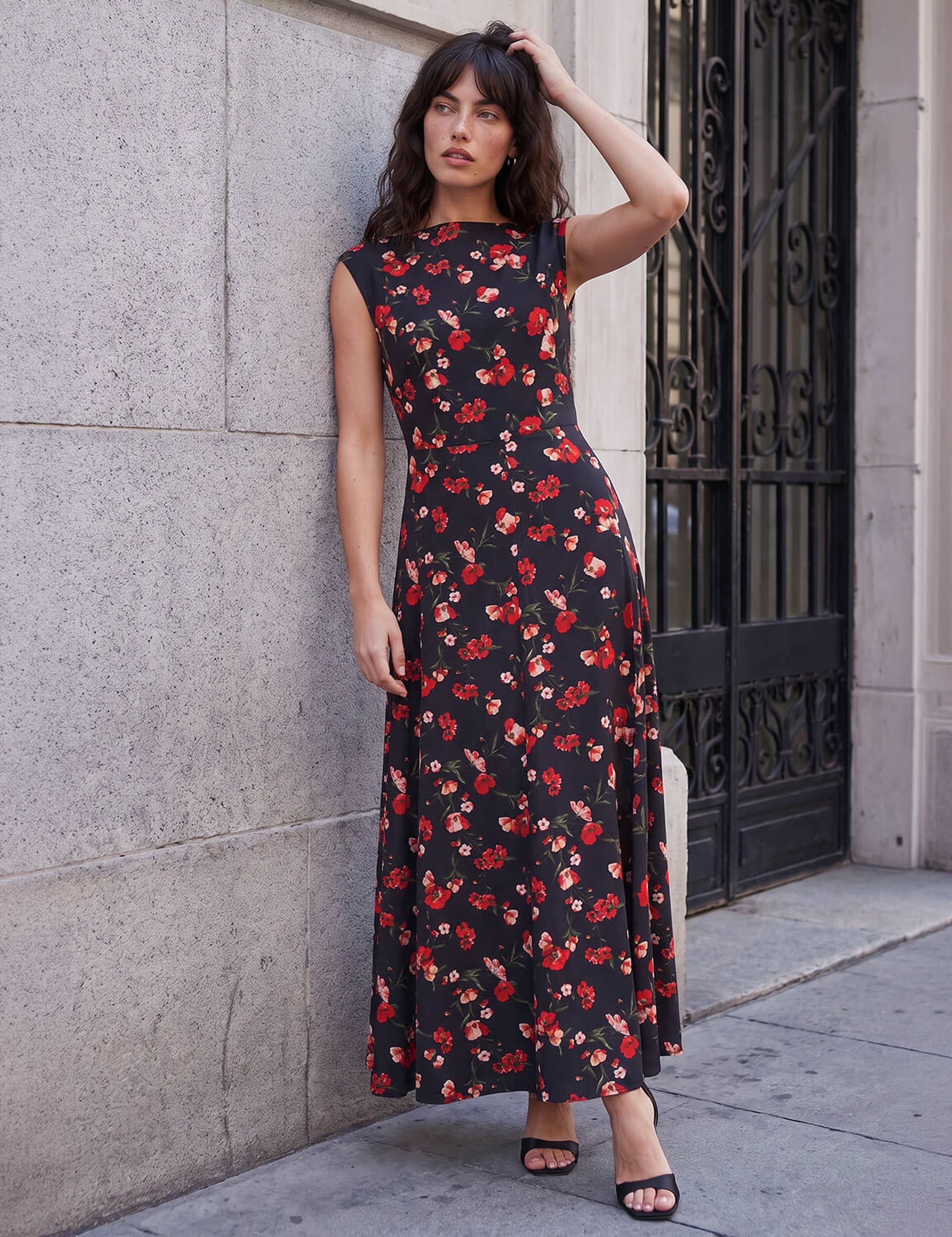 Poppy Print High Neck Knee Length Dress