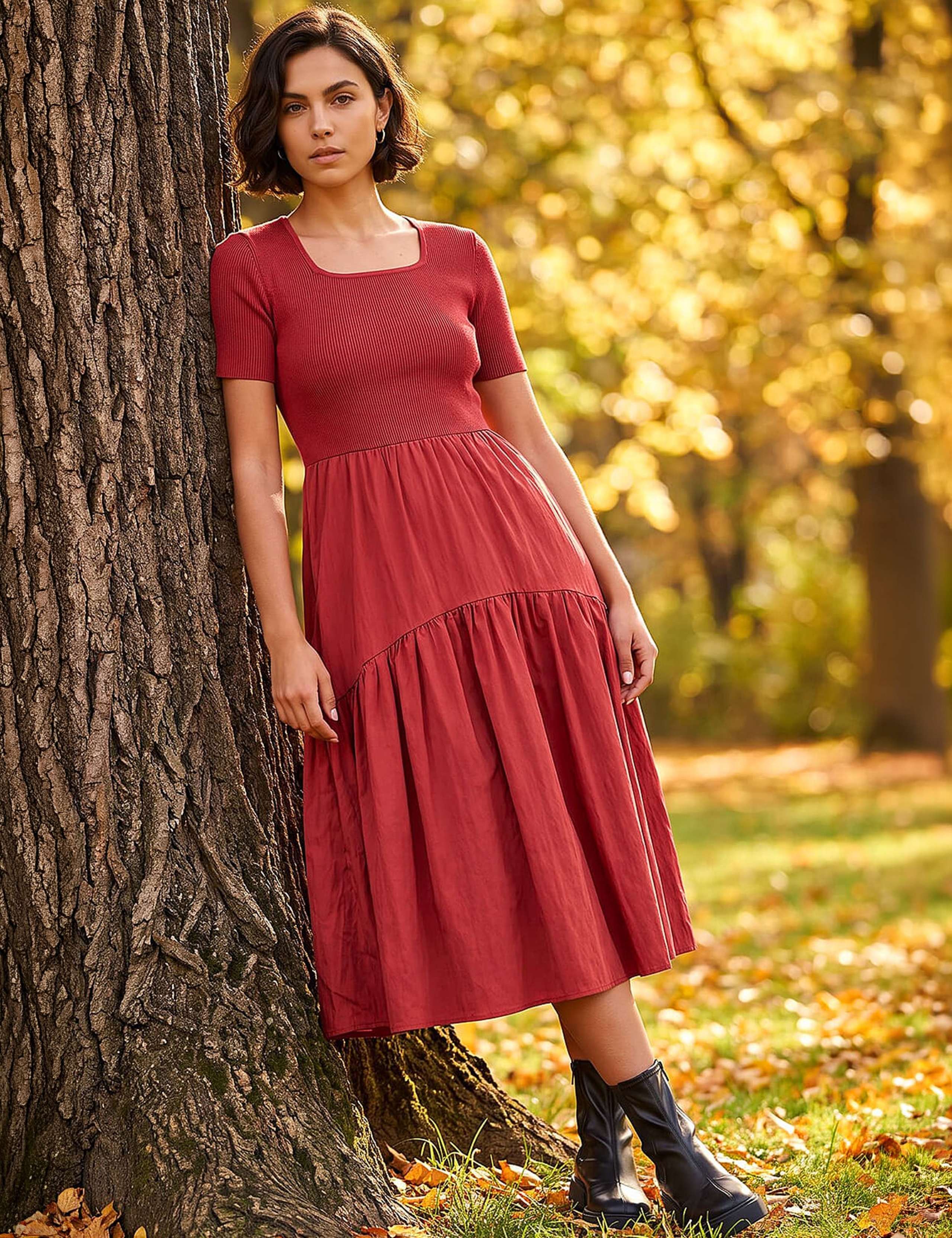 Knit Woven Mix Knee Length Dress