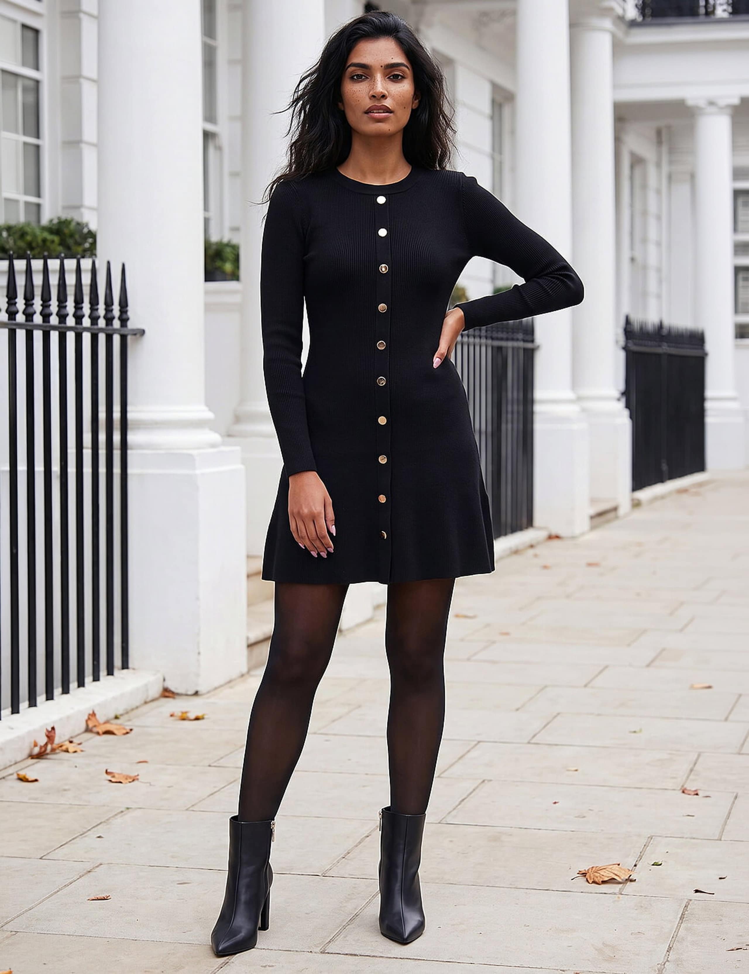 Knitted Button Detail Knee Length Dress