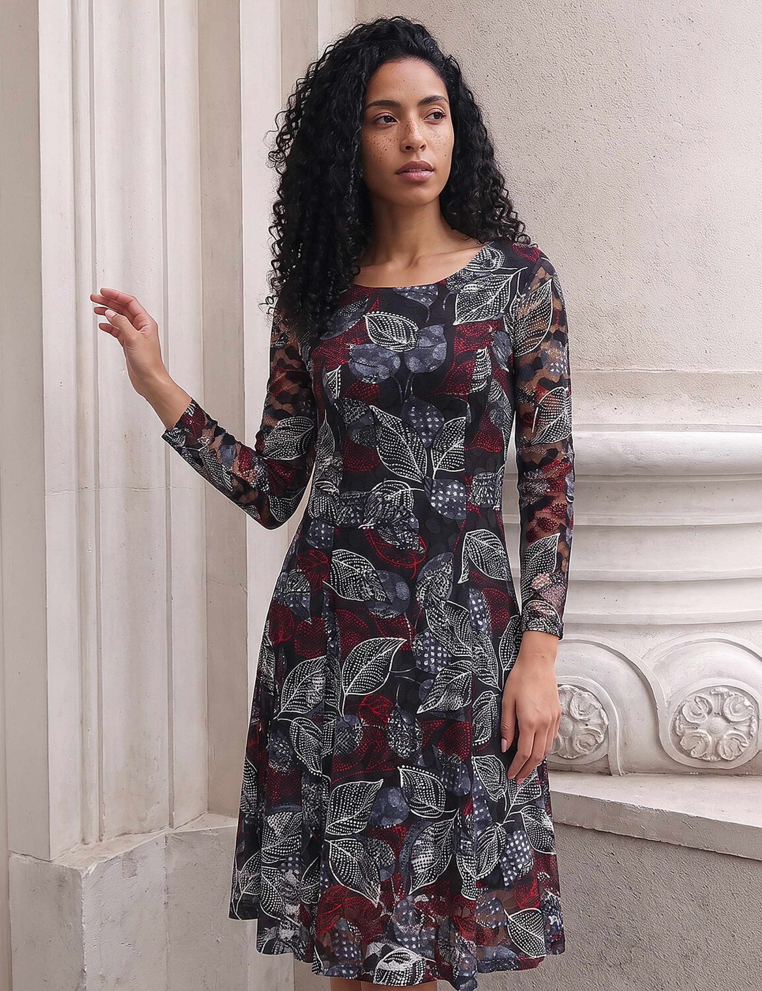 Leaf Print Lace Stretch Knee Length Dress