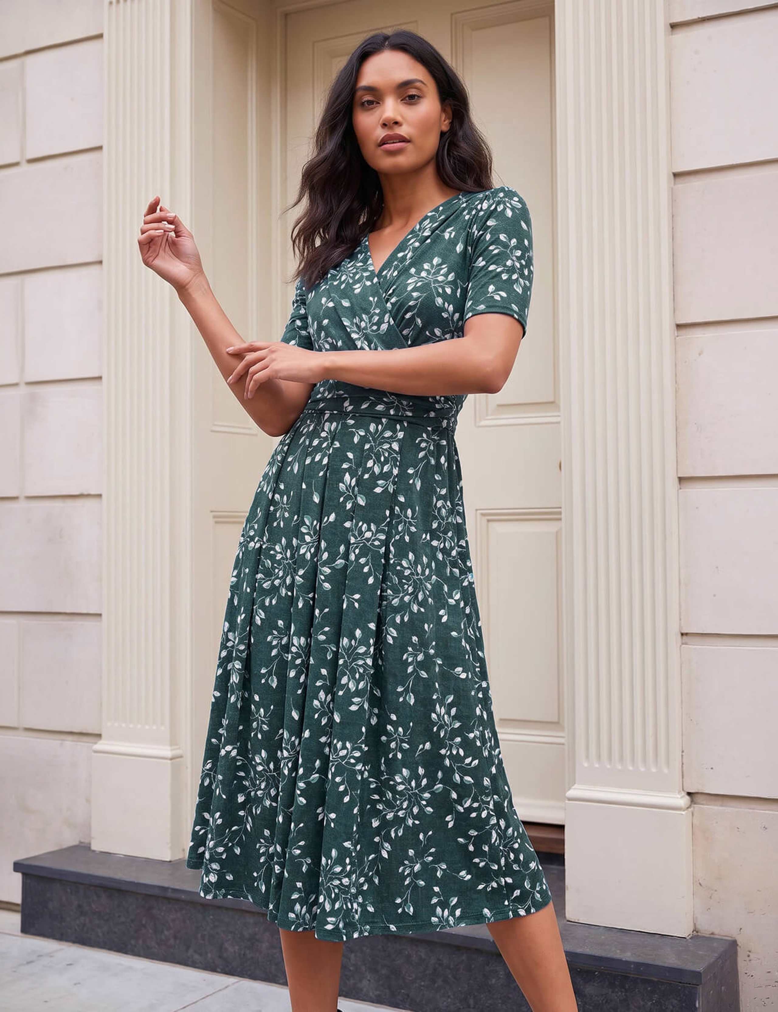 Leaf Print Knee Length Wrap Dress