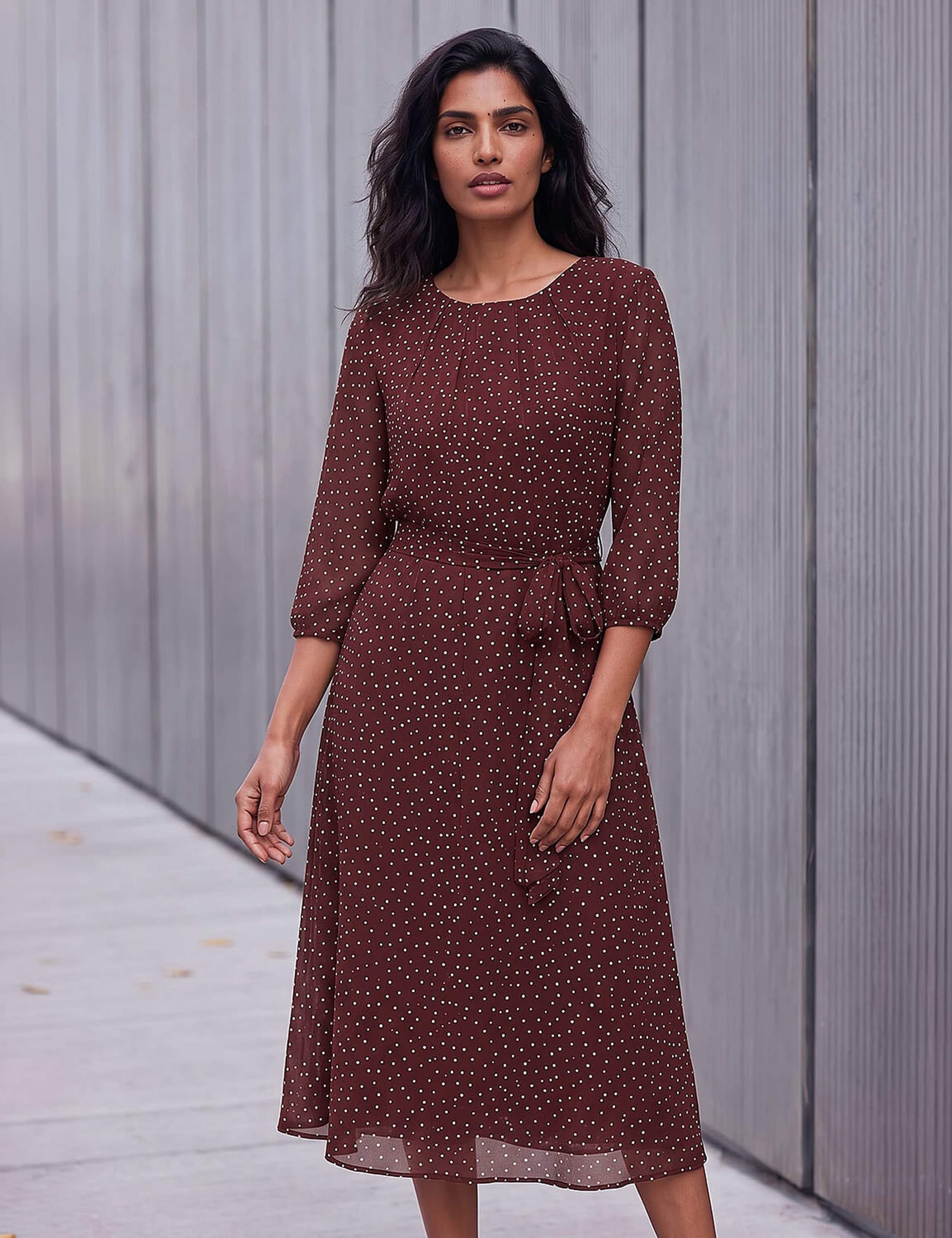Polka Dot Puff Sleeve Knee Length Dress