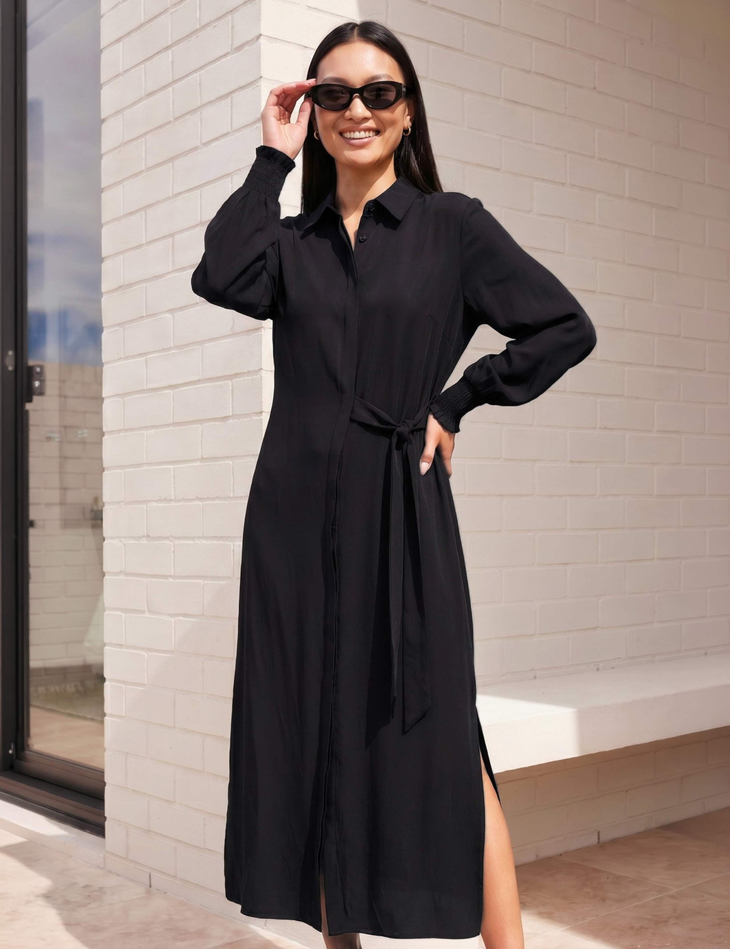 Button Front Tie Waist Midi Shirt Dress