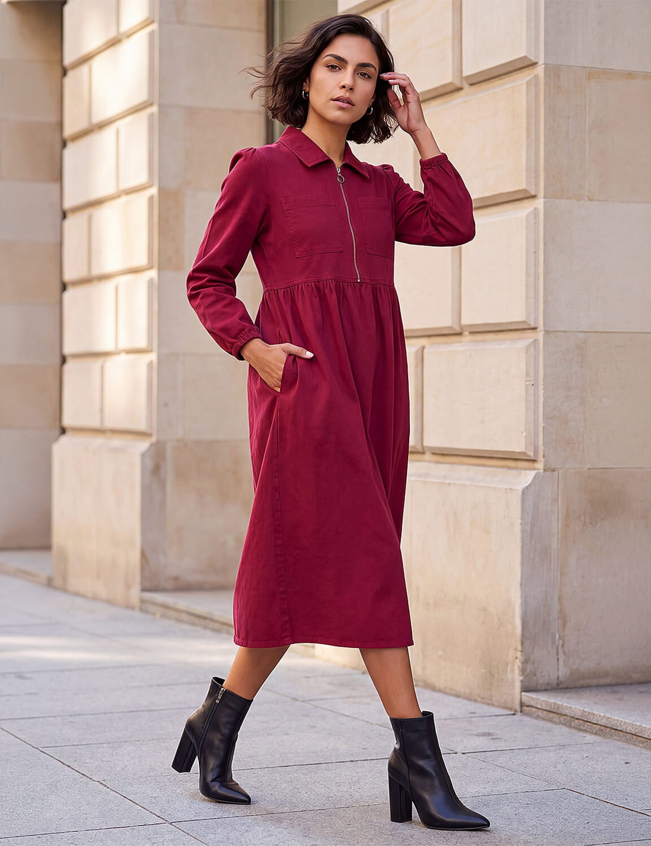 Pure Cotton Collared Zip Up Midi Dress
