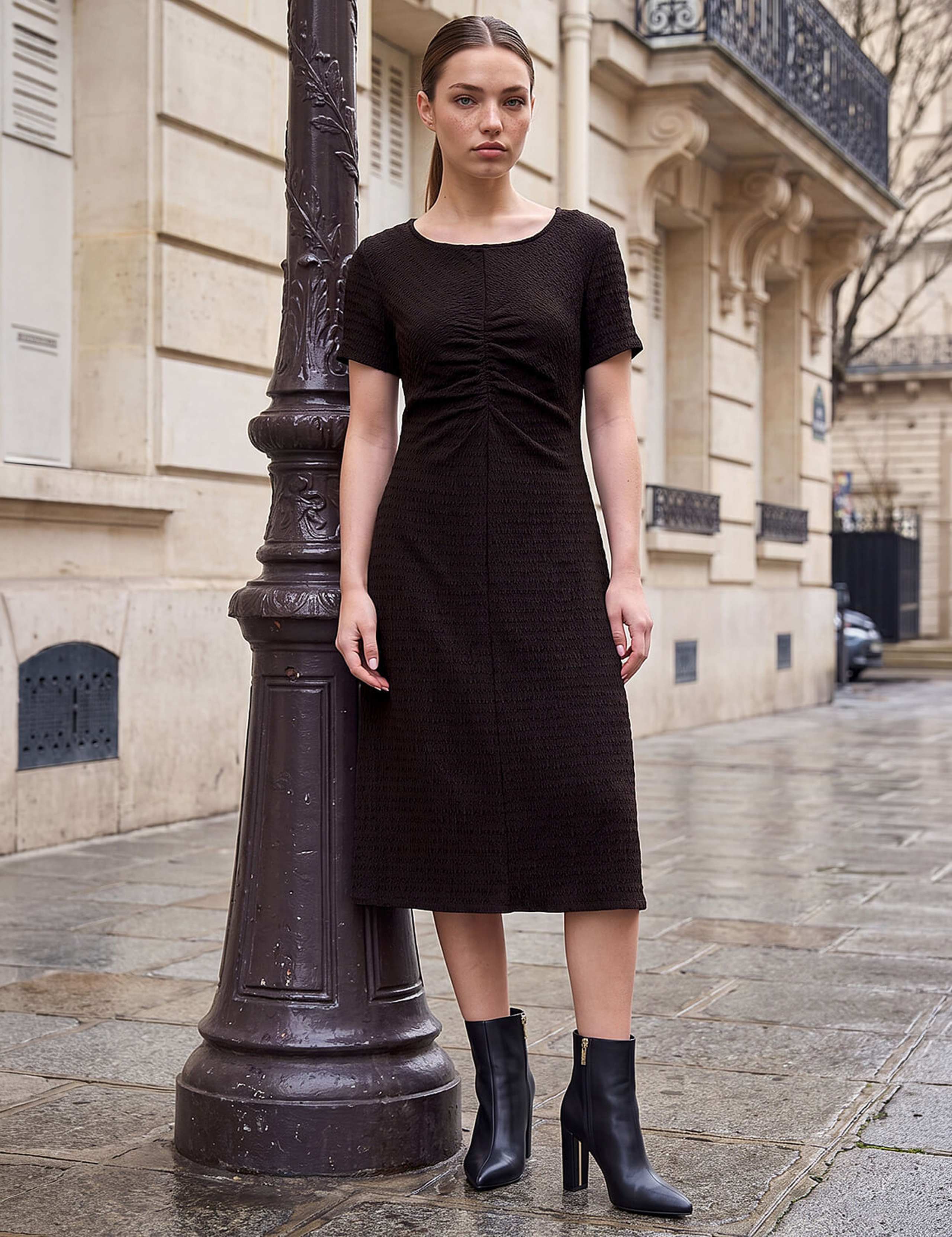 Petite Ruched Front Midi Dress
