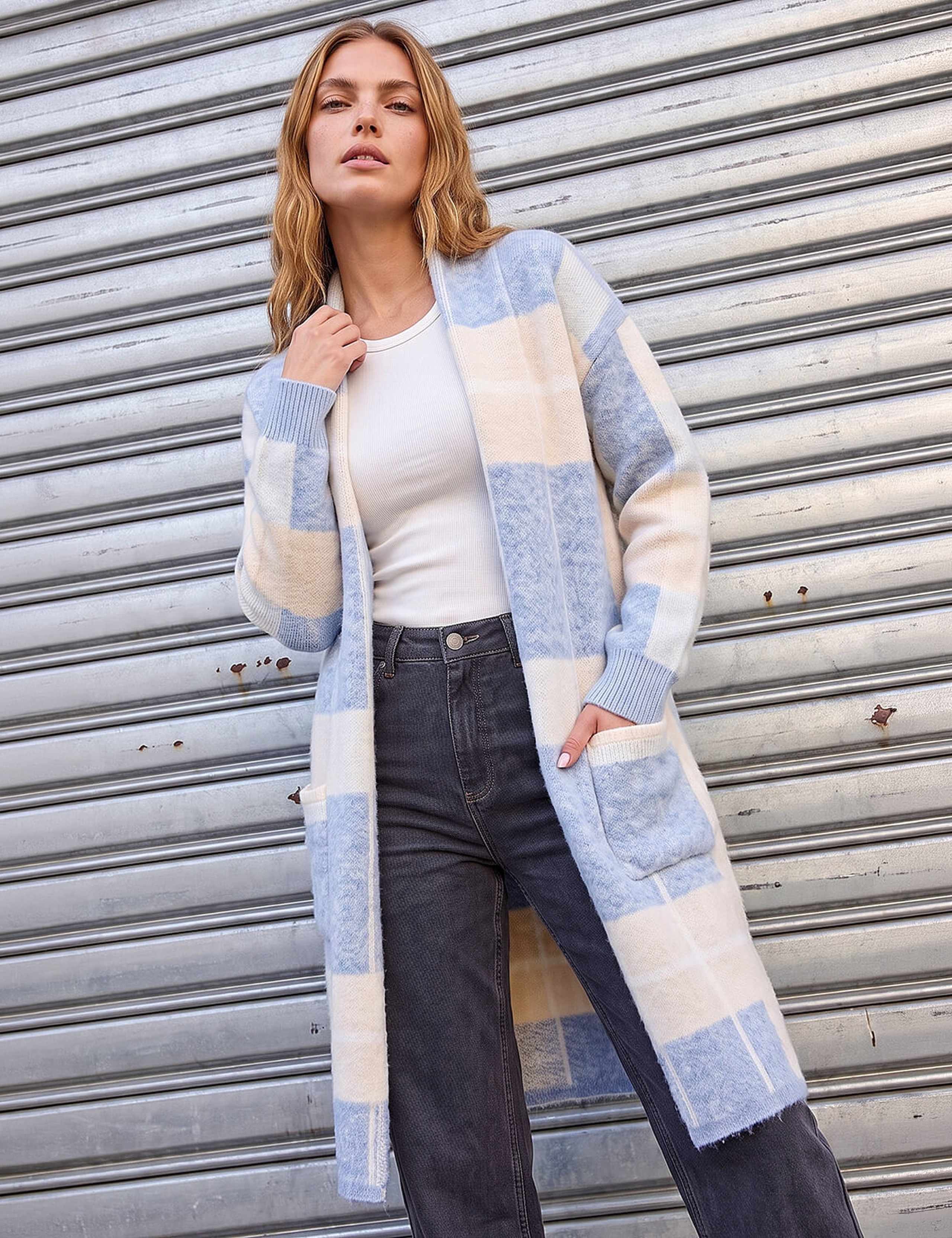 Checked Longline Pocket Detail Cardigan