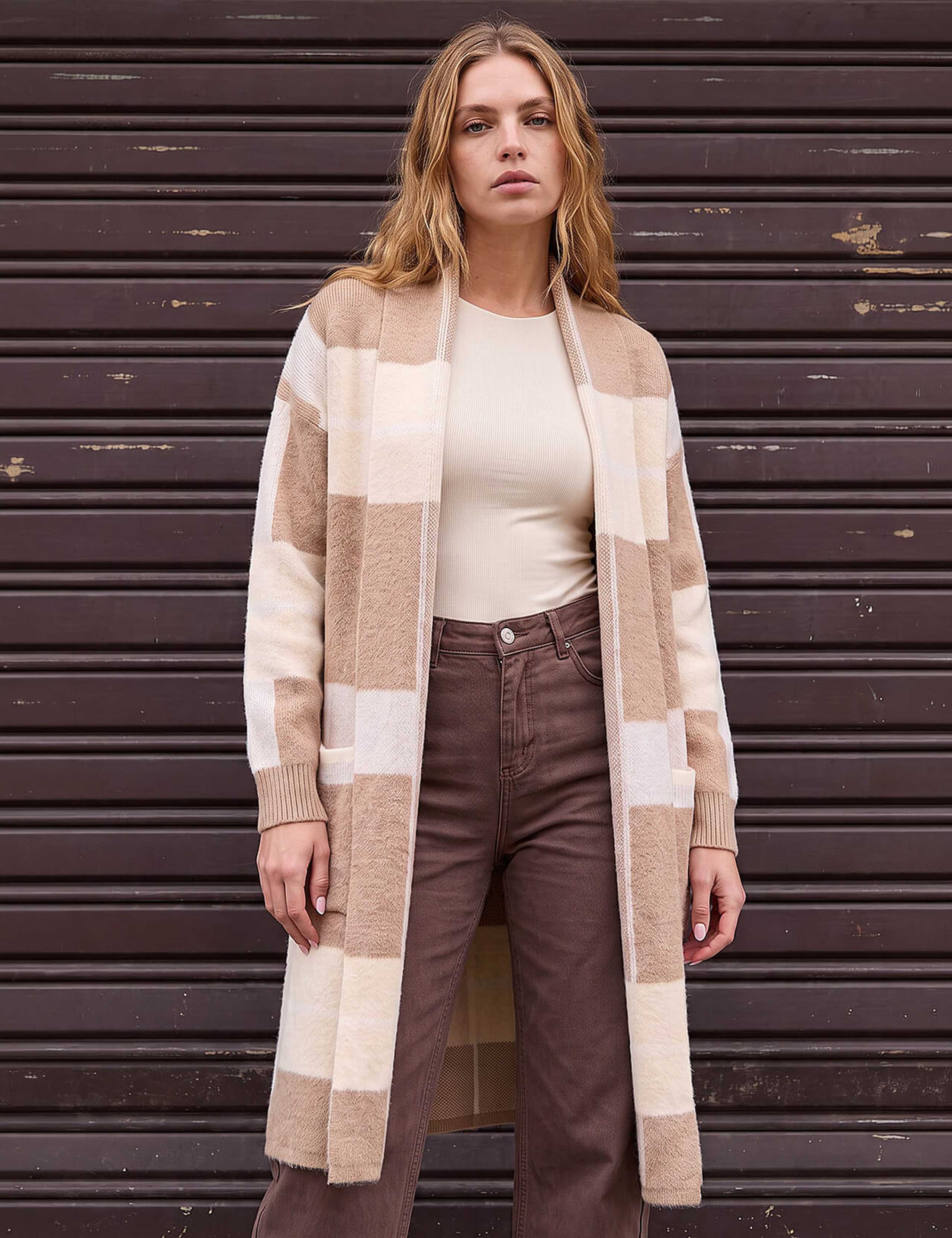 Checked Longline Pocket Detail Cardigan