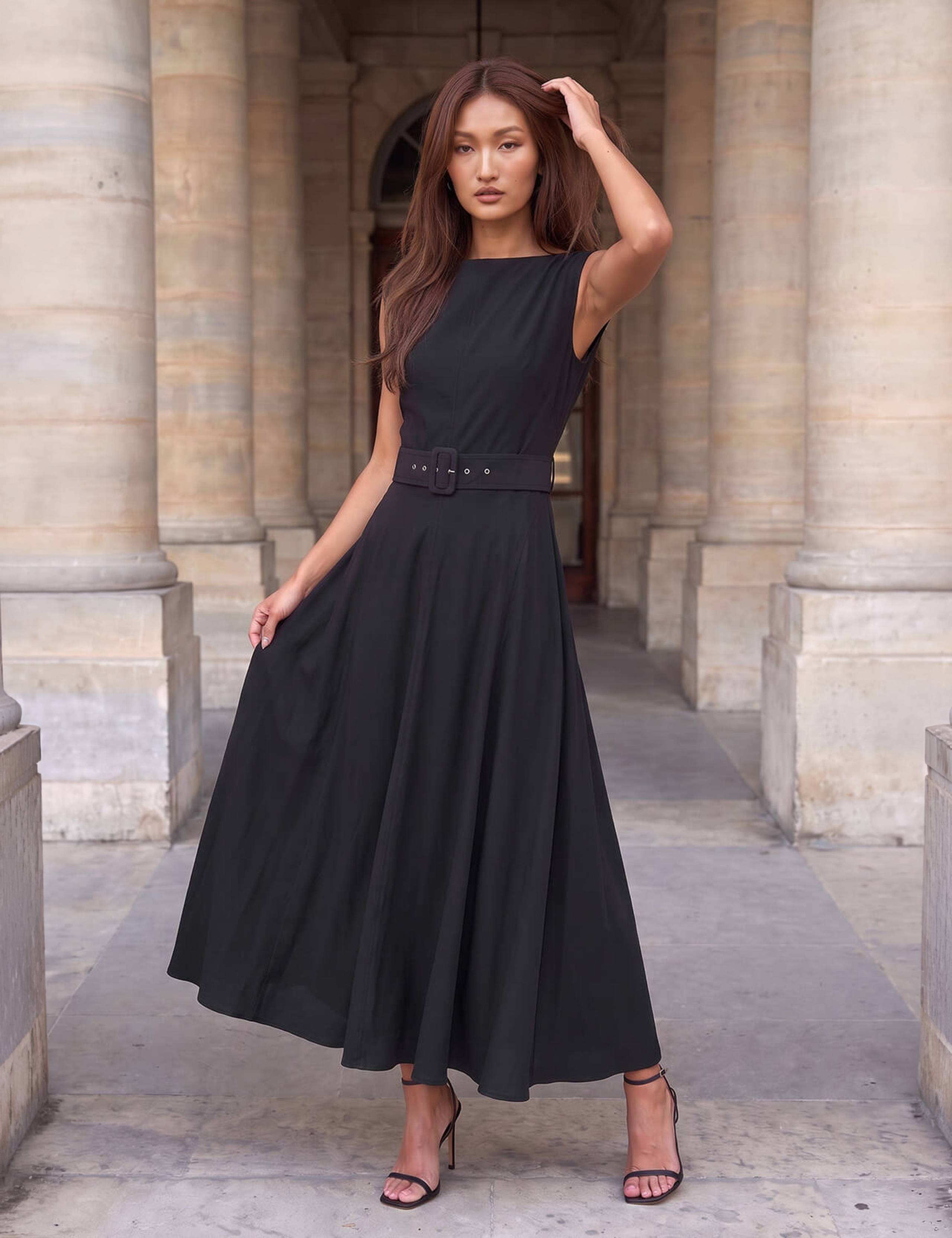 Belted Asymmetric Neck Knee Length Dress