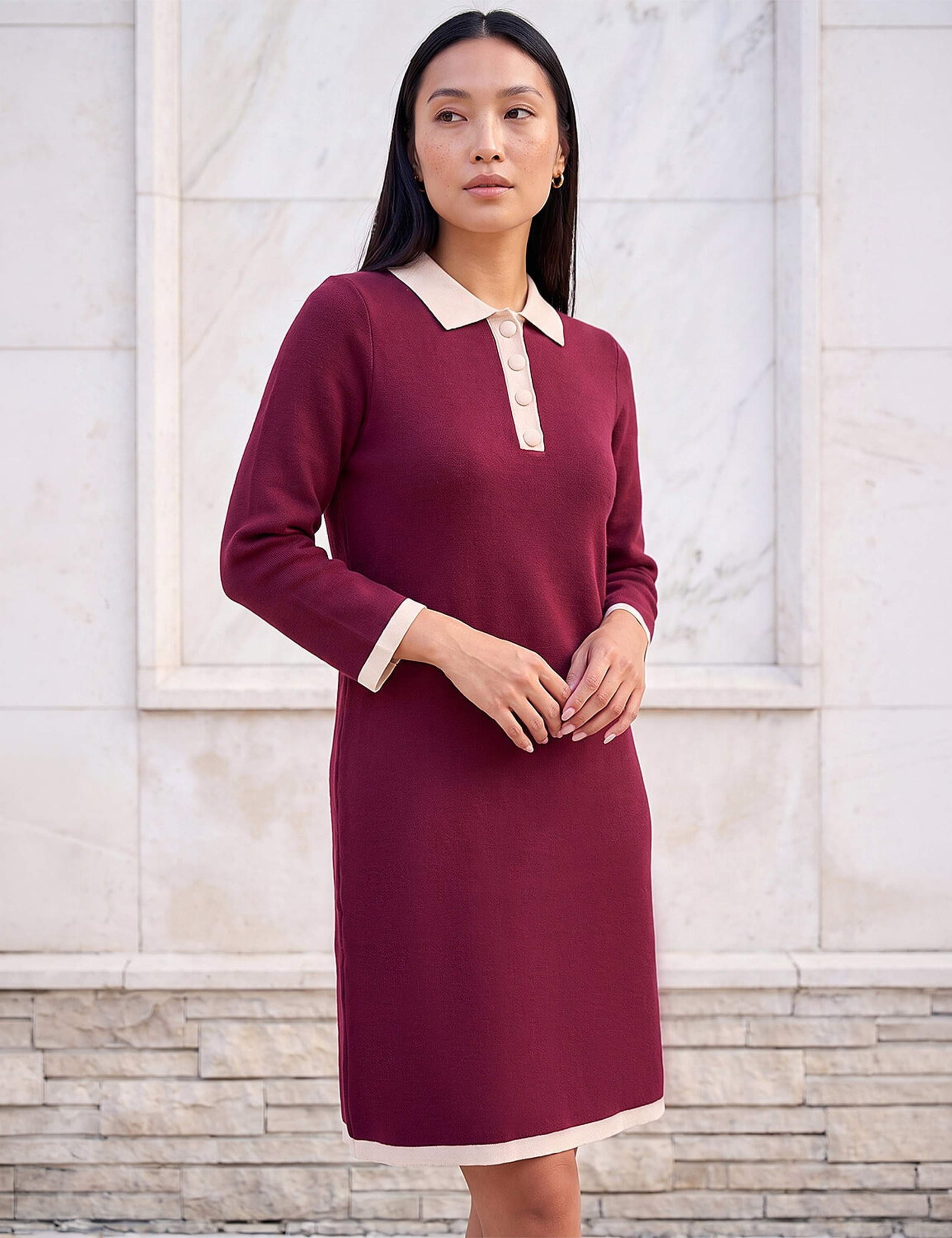 Button Detail Asymmetric Neck Knee Length Dress
