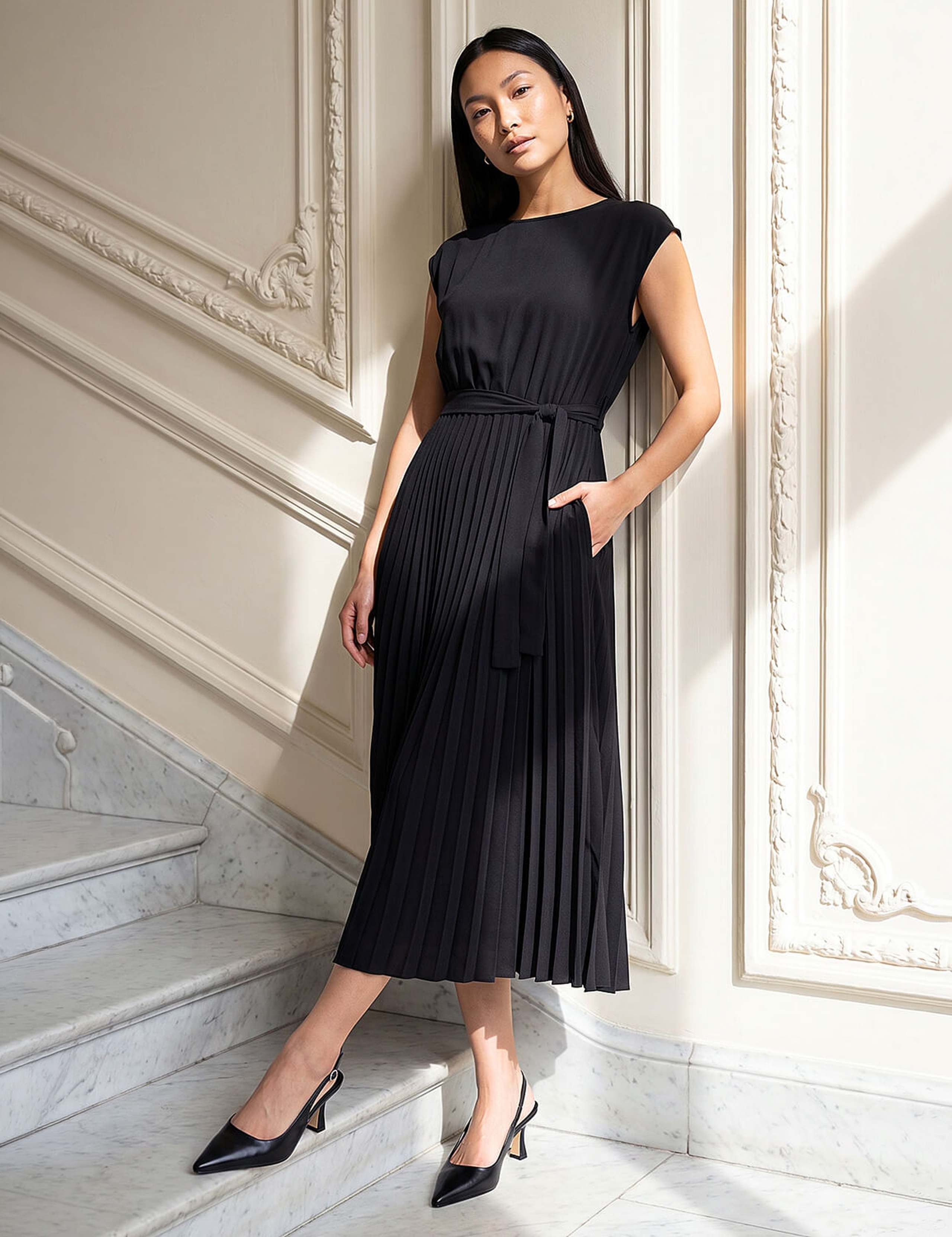 Pleated Tie Waist Dress