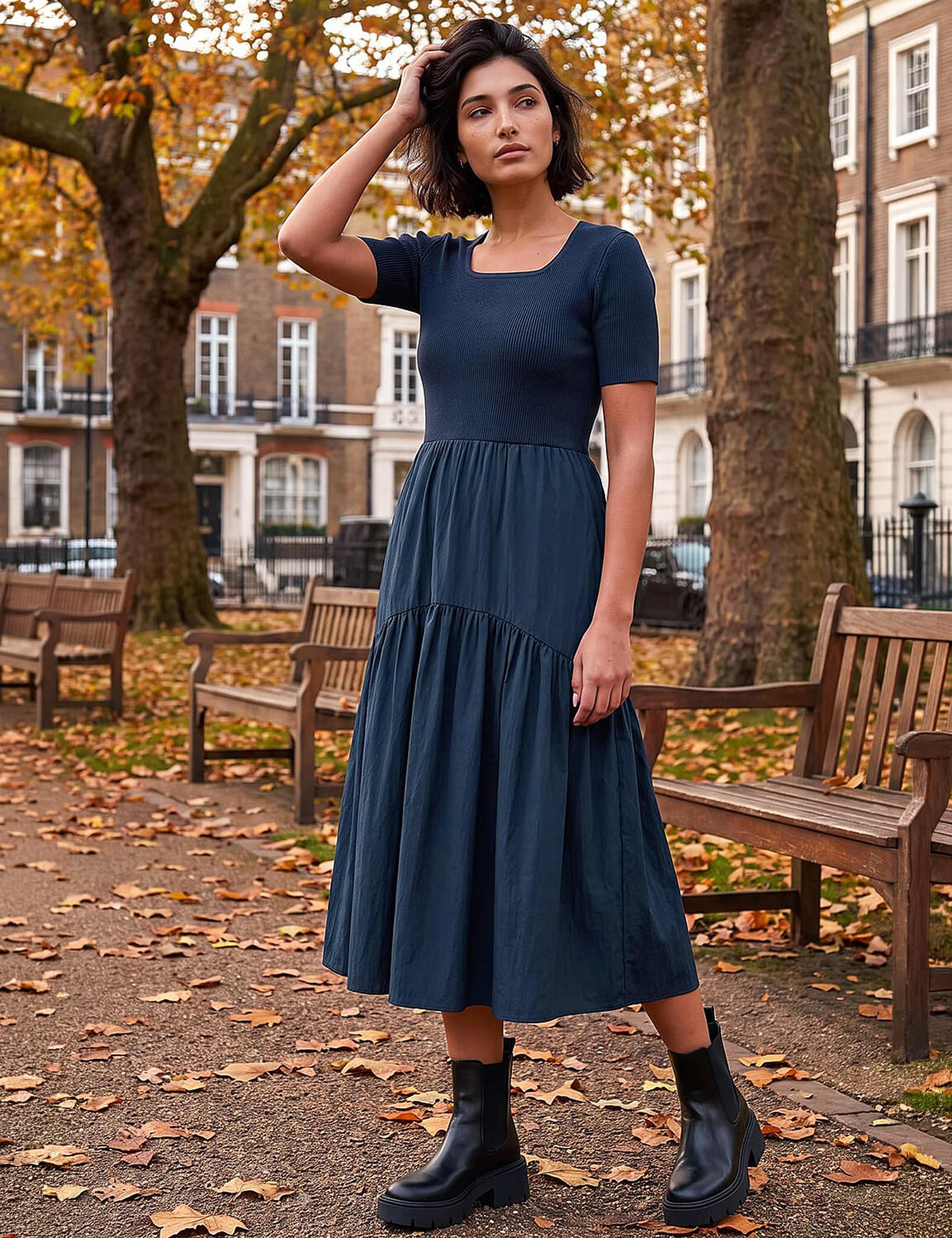 Knit Woven Mix Knee Length Dress