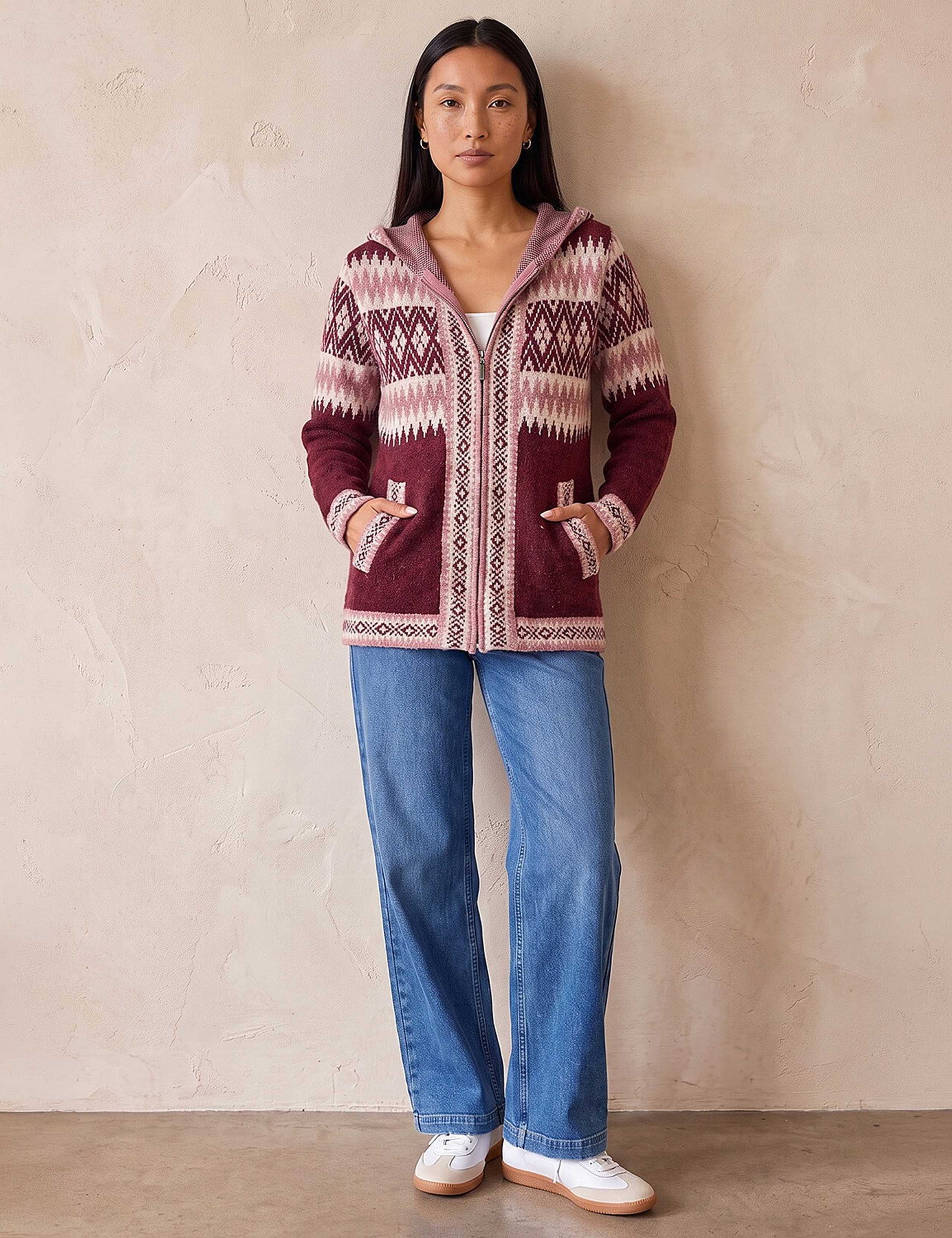 Jacquard Zip Up Hooded Cardigan