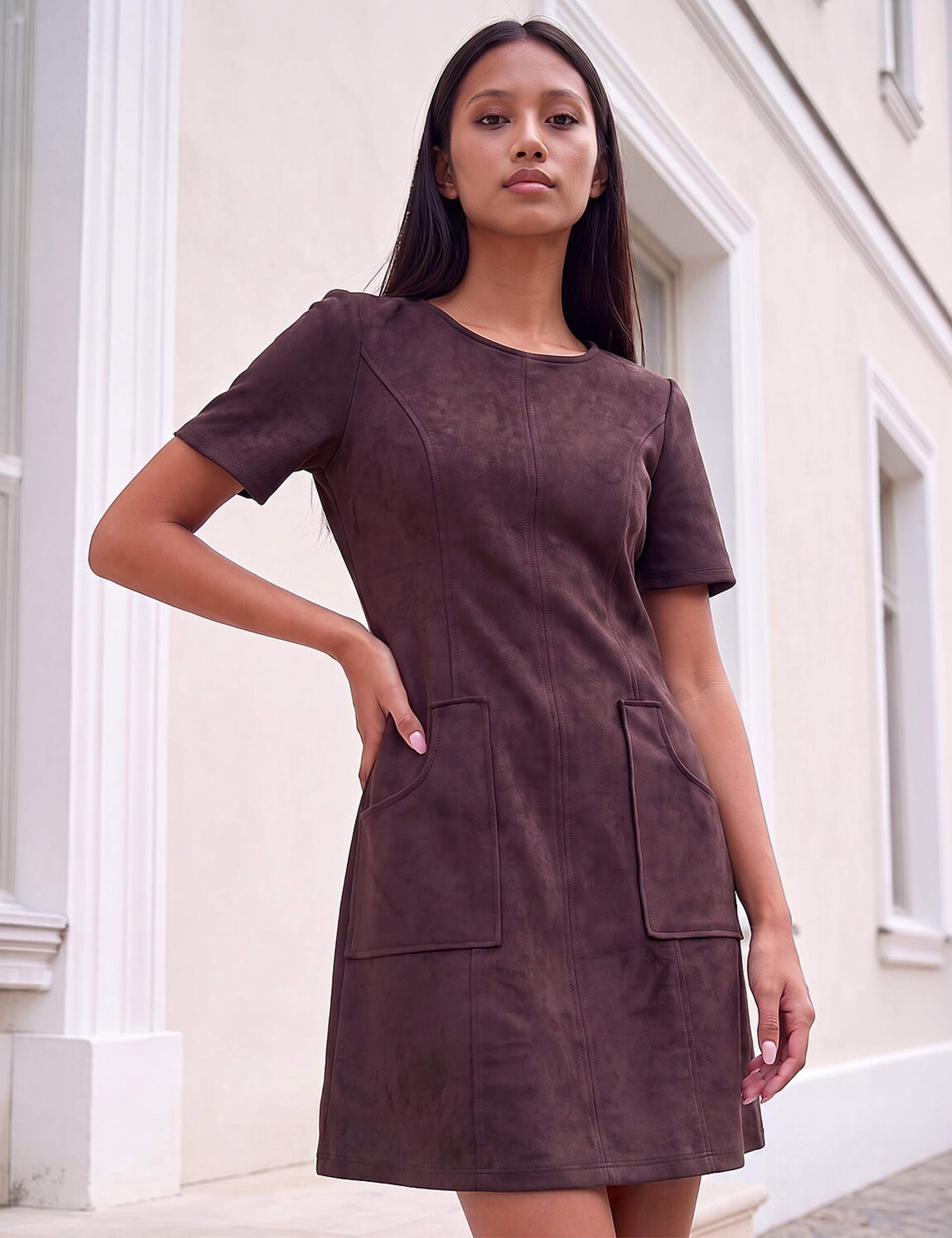 Petite Faux Suede Stitched Skater Dress